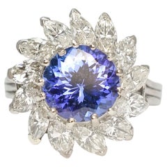 Vintage 18k Gold 2.23ct Tanzanite & Diamond Flower Cluster Ring, Circa 1980