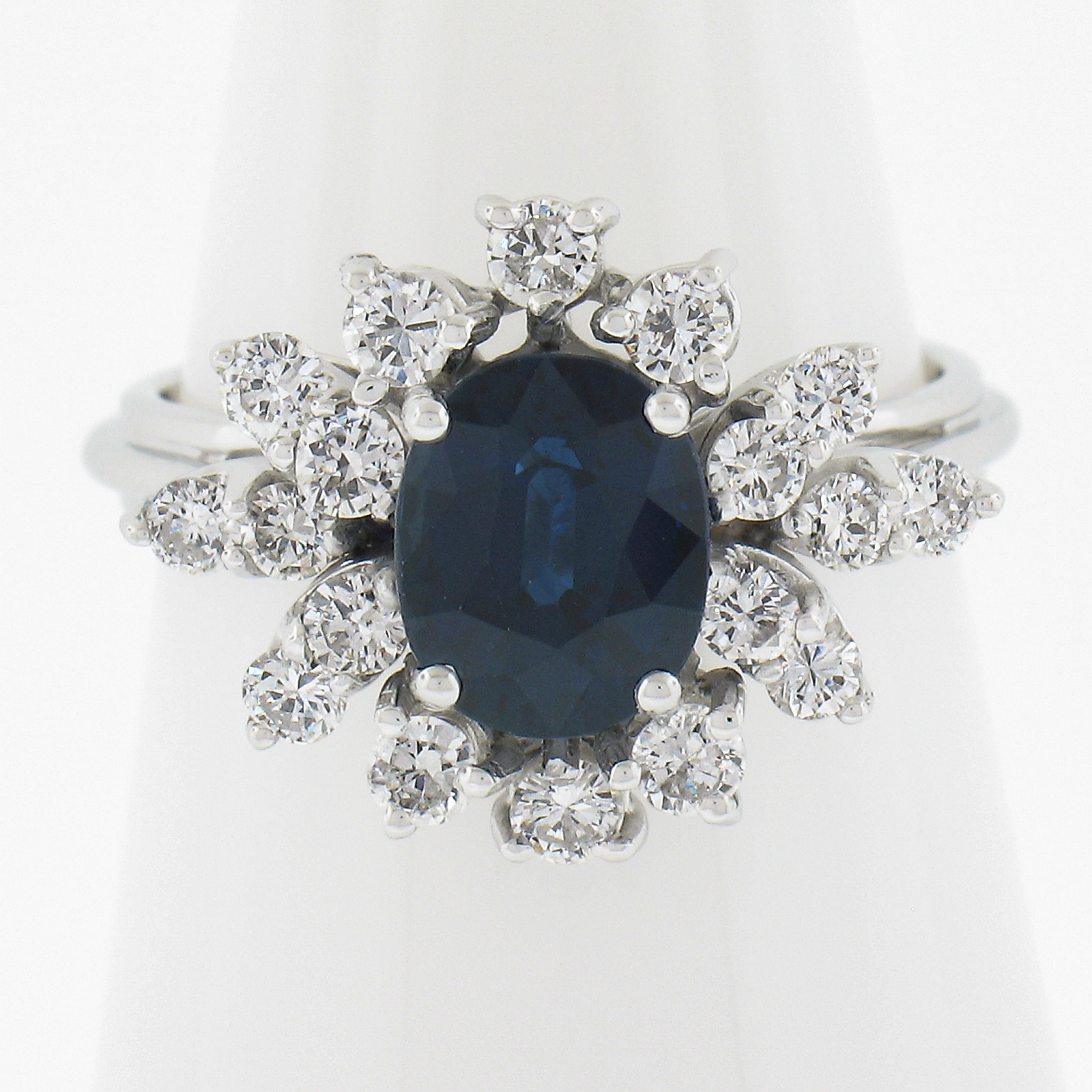 --Stone(s):--
(1) Natural Genuine Sapphire - Oval Brilliant Cut - Prong Set - Royal Blue Color - HEATED - 1.84ct (exact, certified)
*See Certification Details Below for Full Info* 
(18) Natural Genuine Diamonds - Round Brilliant & Old Transitional