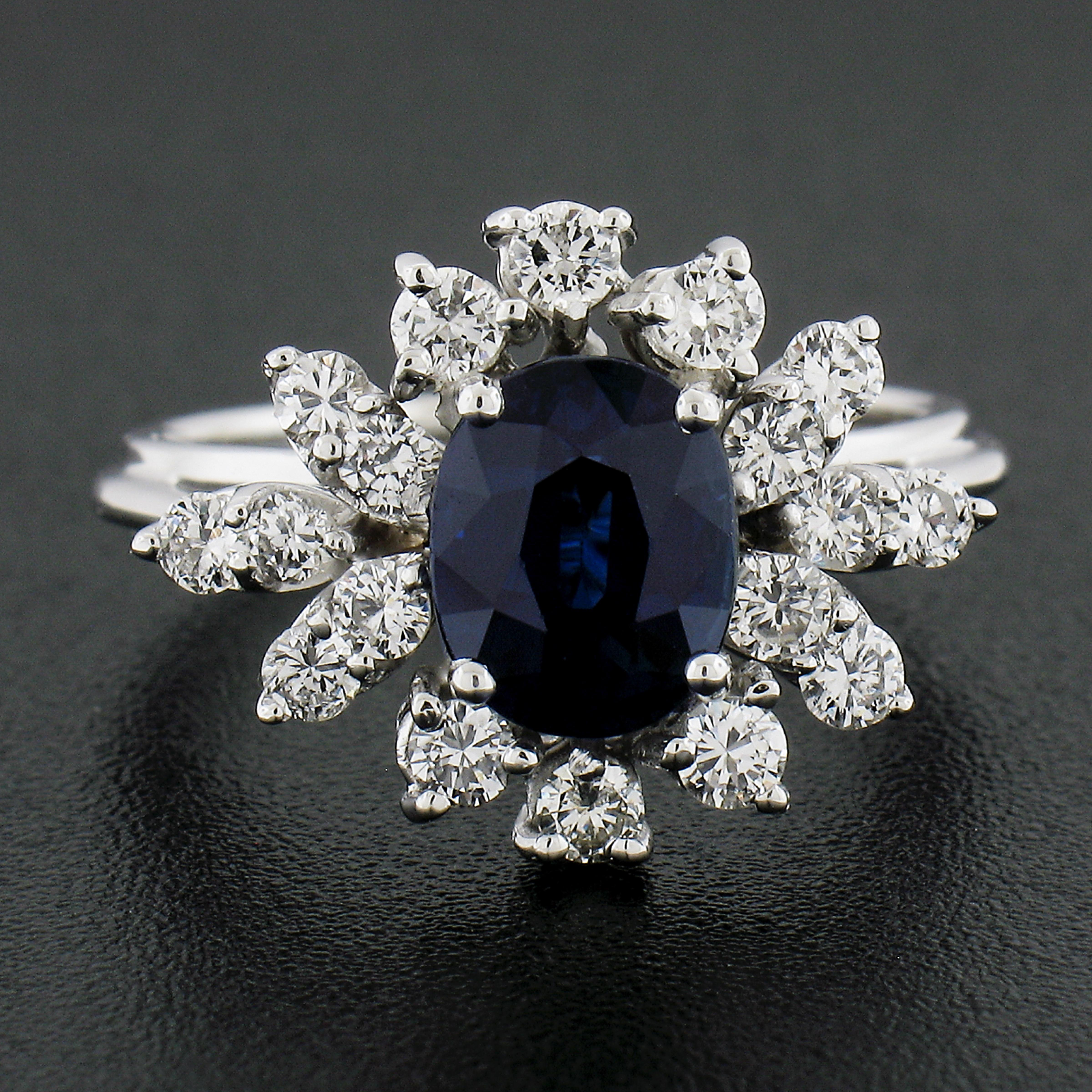 Oval Cut Vintage 18k Gold 2.44ctw GIA Graded Oval Sapphire w/ Diamond Halo Floral Ring For Sale