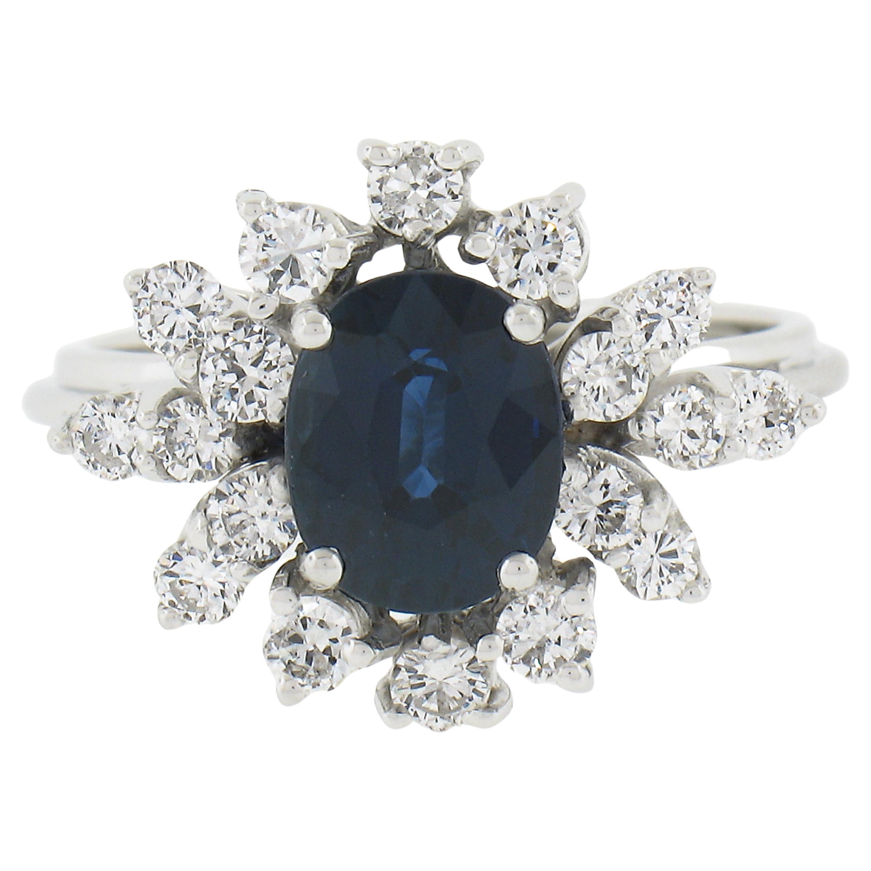 Vintage 18k Gold 2.44ctw GIA Graded Oval Sapphire w/ Diamond Halo Floral Ring For Sale