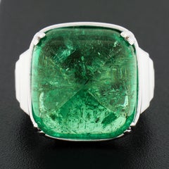 Bague Vintage en or 18k 24.92ctw GIA Sugarloaf Emerald Diamond White Enamel Sides