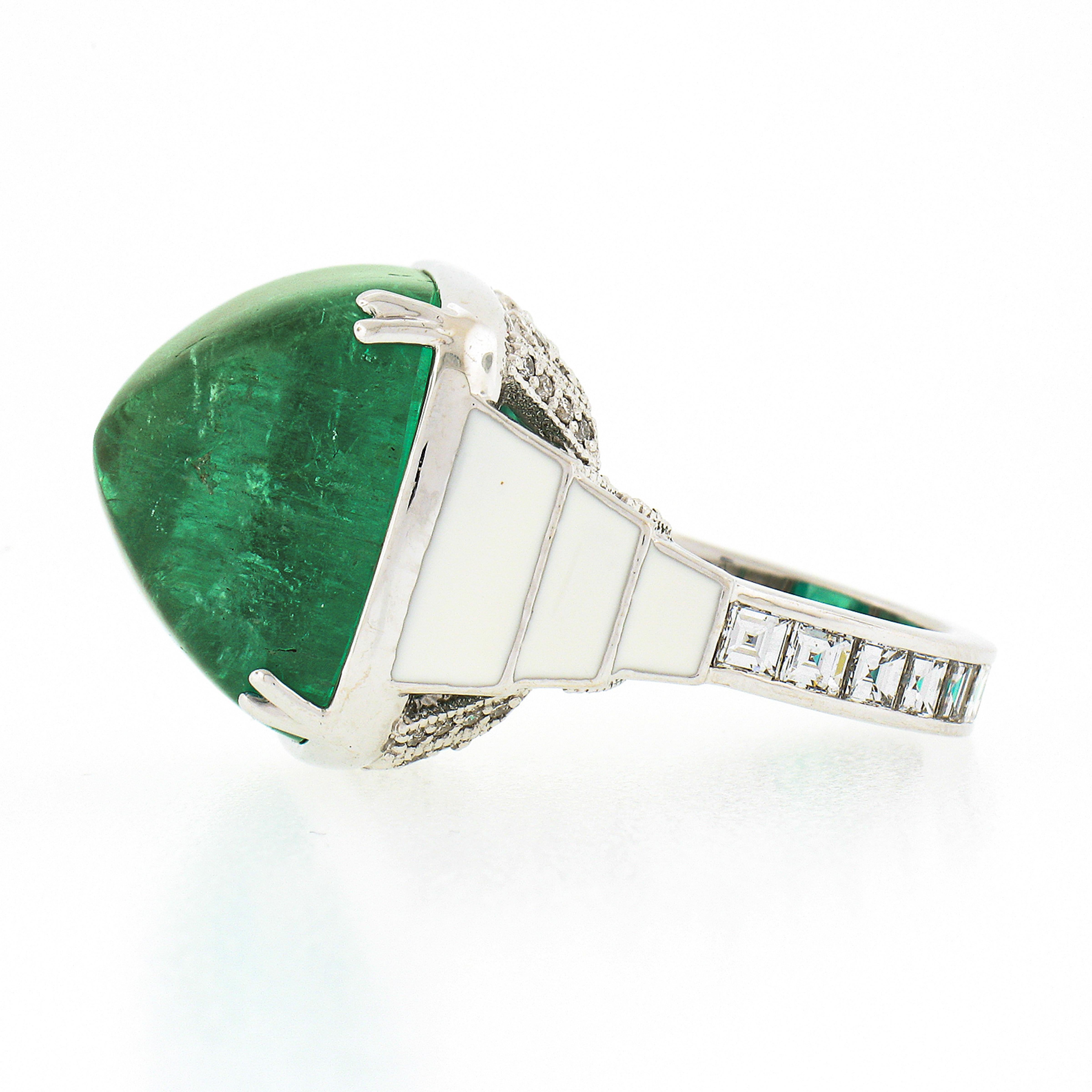 Vintage 18k Gold 24.92ctw GIA Sugarloaf Emerald Diamond White Enamel Sides Ring In Good Condition In Montclair, NJ