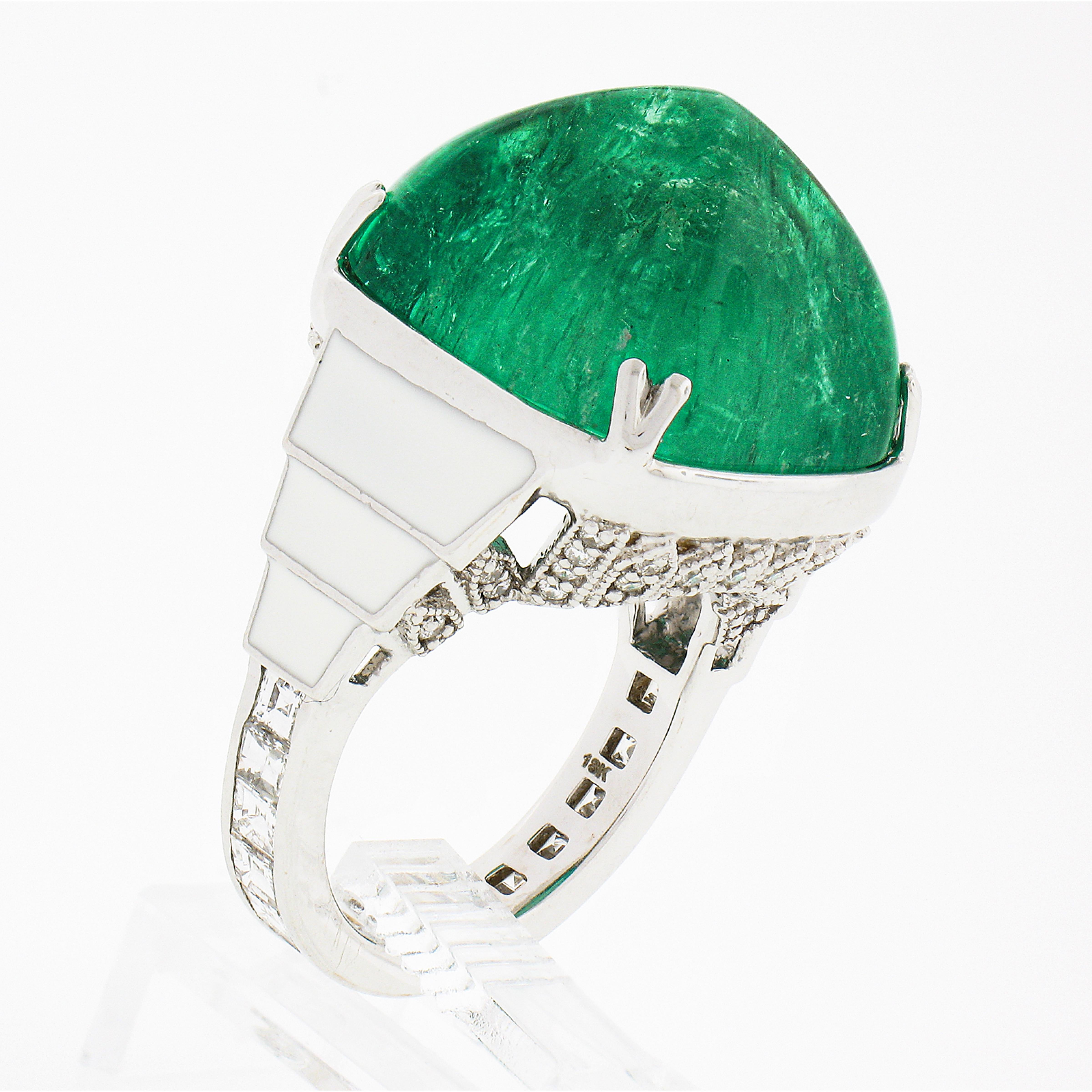 Vintage 18k Gold 24.92ctw GIA Sugarloaf Emerald Diamond White Enamel Sides Ring 1