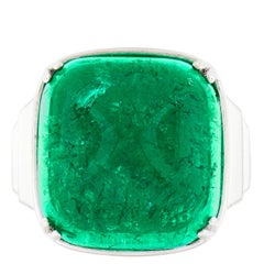 Vintage 18k Gold 24.92ctw GIA Sugarloaf Emerald Diamond White Enamel Sides Ring