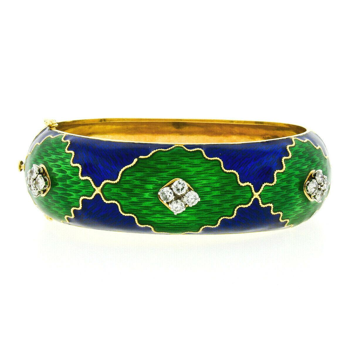 This breathtaking vintage bracelet was designed and crafted in Italy from solid 18k yellow gold. It features a bold and unique style consisting of uniquely patterned sections that are separated by a twisted gold wire into numerous cells, and covered