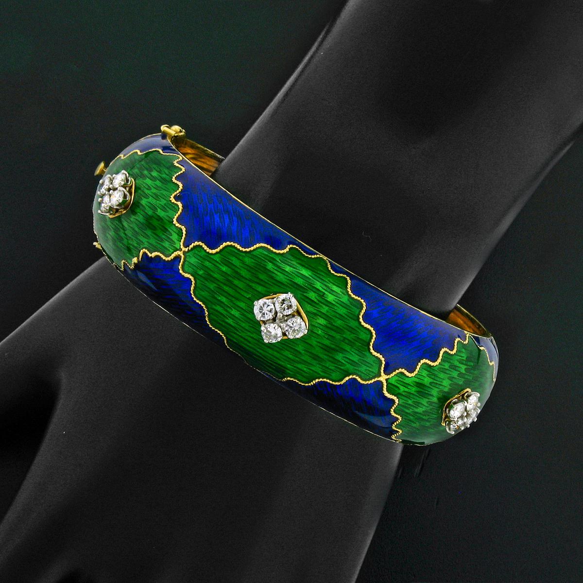Round Cut Vintage 18k Gold 2.64ctw Diamond Green & Blue Enamel Wide Open Bangle Bracelet