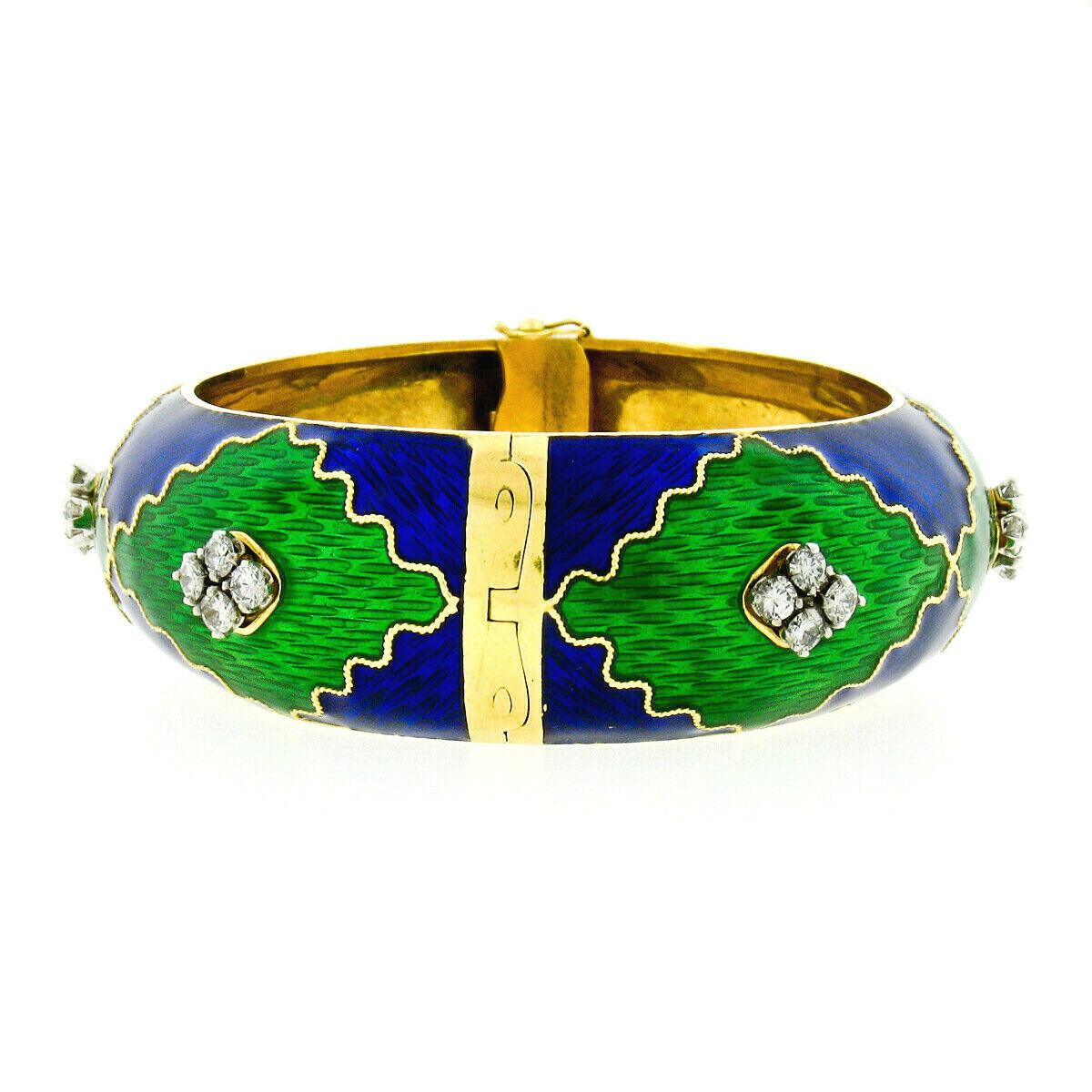 Women's Vintage 18k Gold 2.64ctw Diamond Green & Blue Enamel Wide Open Bangle Bracelet