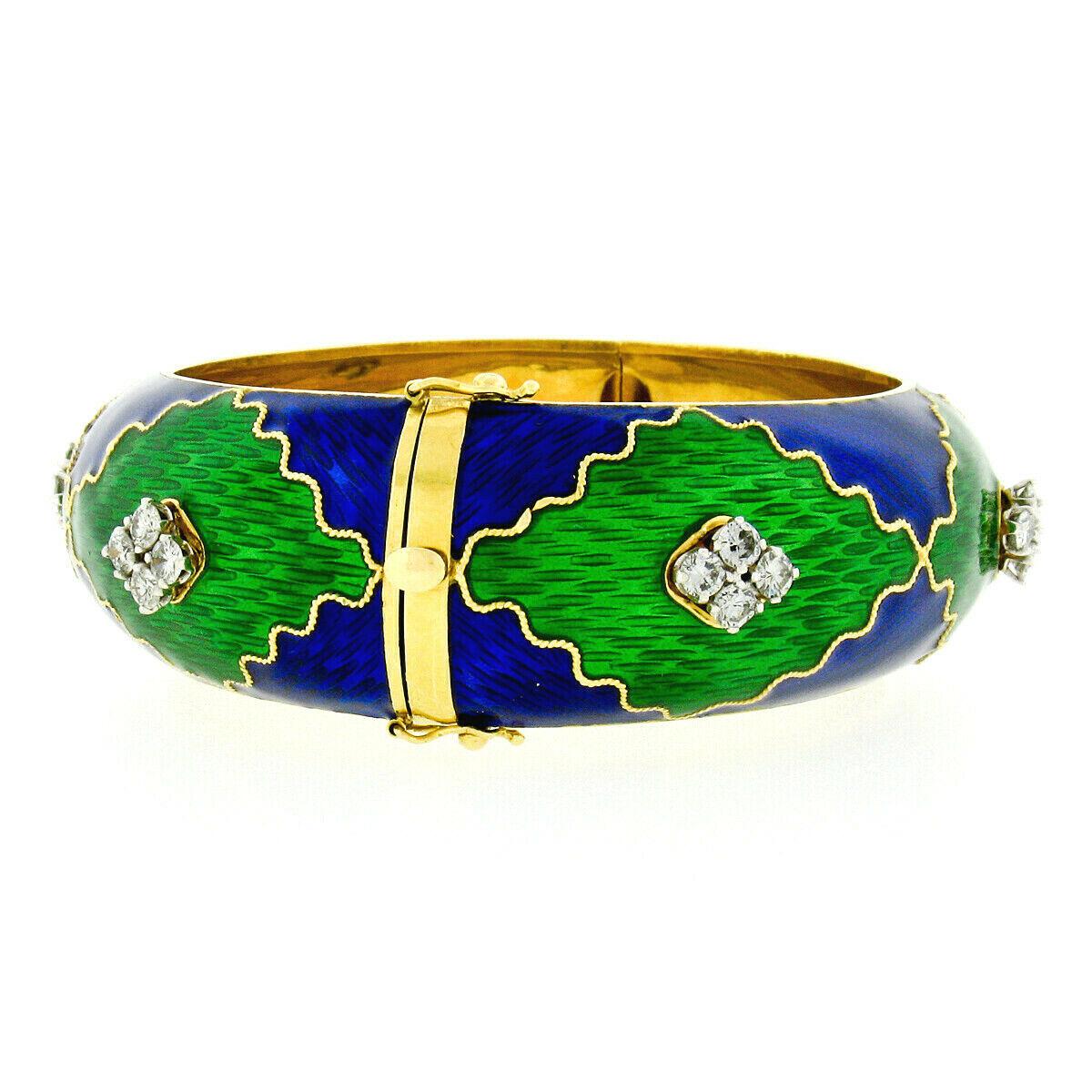 Vintage 18k Gold 2.64ctw Diamond Green & Blue Enamel Wide Open Bangle Bracelet 1