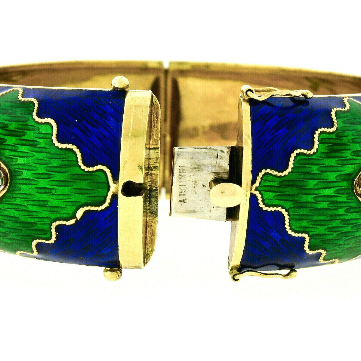 Vintage 18k Gold 2.64ctw Diamond Green & Blue Enamel Wide Open Bangle Bracelet 2
