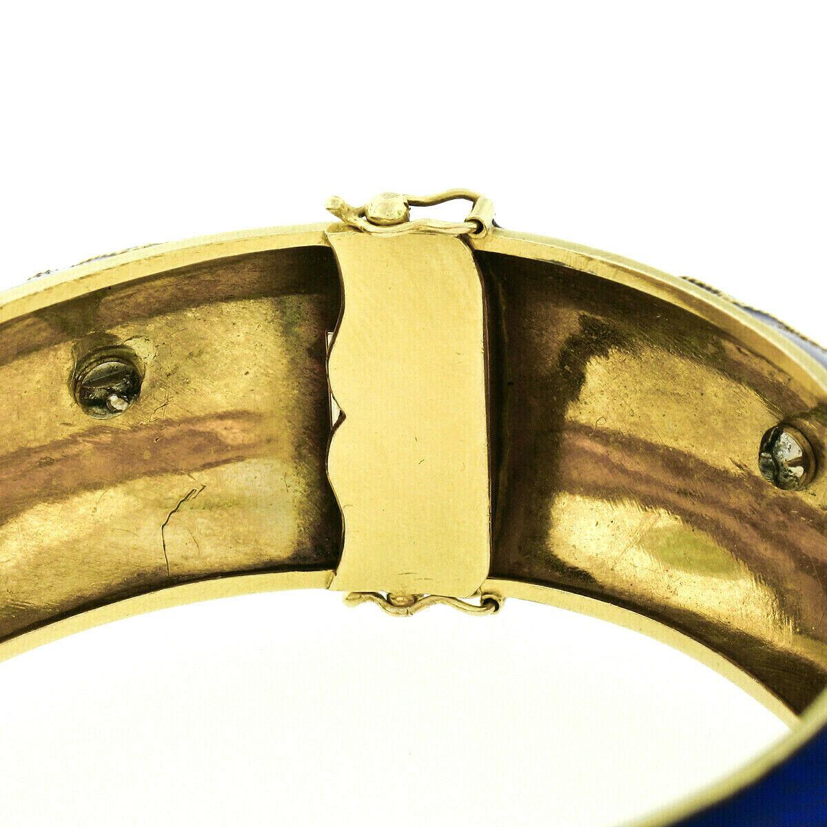 Vintage 18k Gold 2.64ctw Diamond Green & Blue Enamel Wide Open Bangle Bracelet 3
