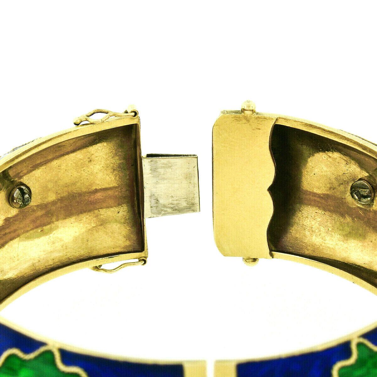 Vintage 18k Gold 2.64ctw Diamond Green & Blue Enamel Wide Open Bangle Bracelet 4
