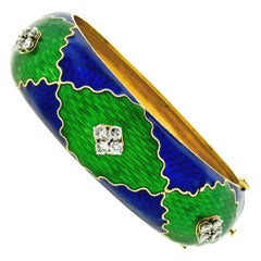 Vintage 18k Gold 2.64ctw Diamond Green & Blue Enamel Wide Open Bangle Bracelet