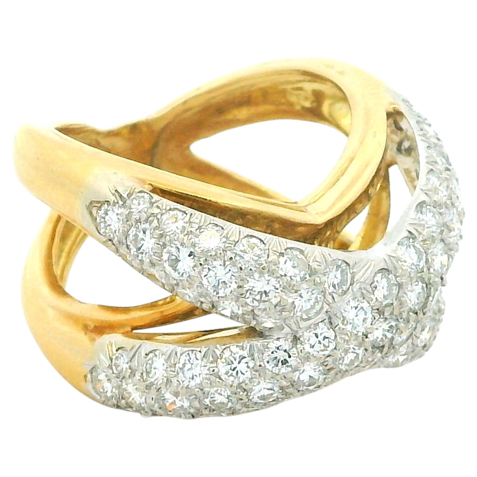 Vintage 18K Gold 2.80 Carat Diamond Sculptural Crossover Ring
