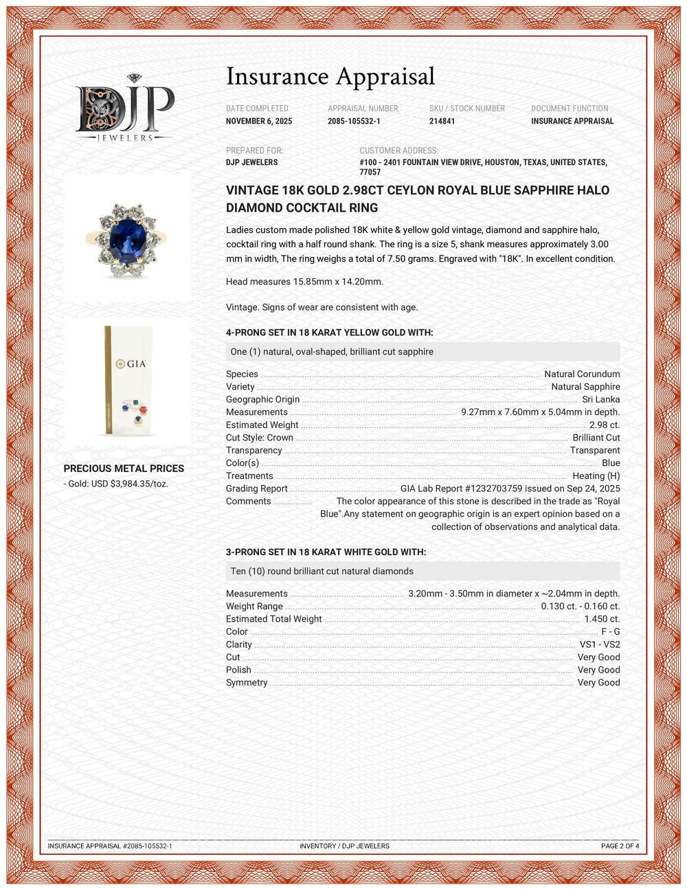 Anello cocktail d'epoca in oro 18 carati con zaffiro blu reale di Ceylon da 2,98 carati e diamante a raggiera in vendita 5