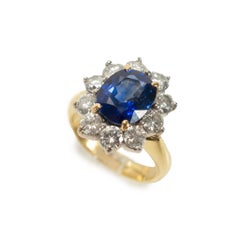 Vintage 18K Gold 2.98ct Ceylon Royal Blue Sapphire Halo Diamond Cocktail Ring
