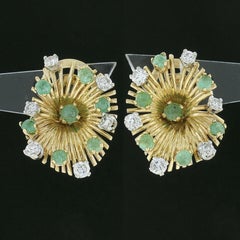 Vintage 18K Gold 2ctw Cabochon Emerald & Diamond Cluster Firework Spray Earrings