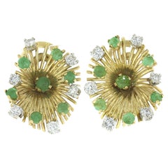 Vintage 18K Gold 2ctw Cabochon Emerald & Diamond Cluster Firework Spray Earrings