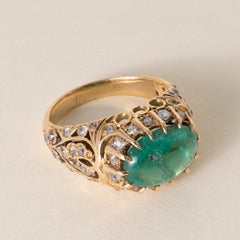 Vintage 18K Gold 3 Carat Colombian Emerald Cabochon and Diamond Ring
