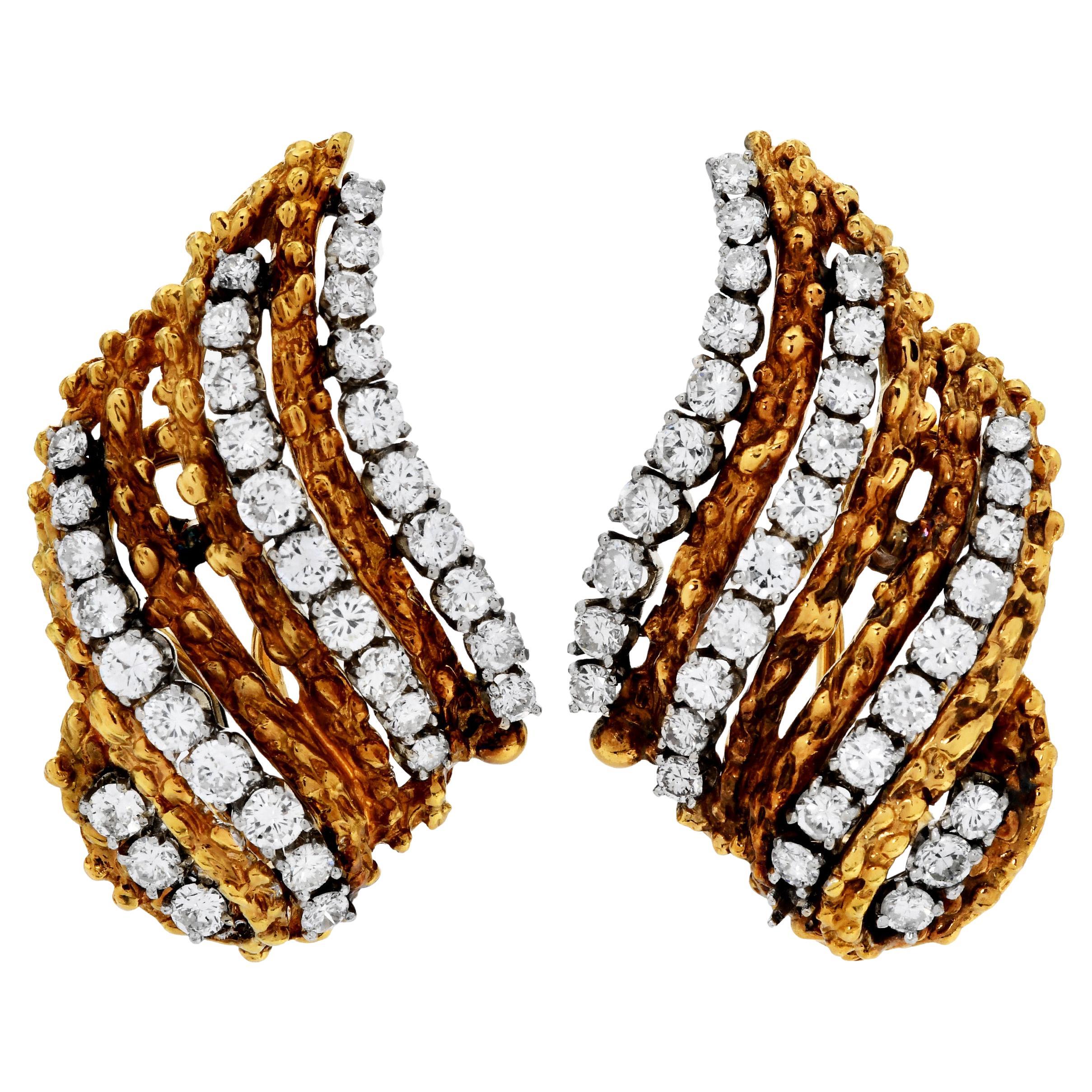 Vintage 18K Gold 3.50ct Diamond Retro Clip On Earrings