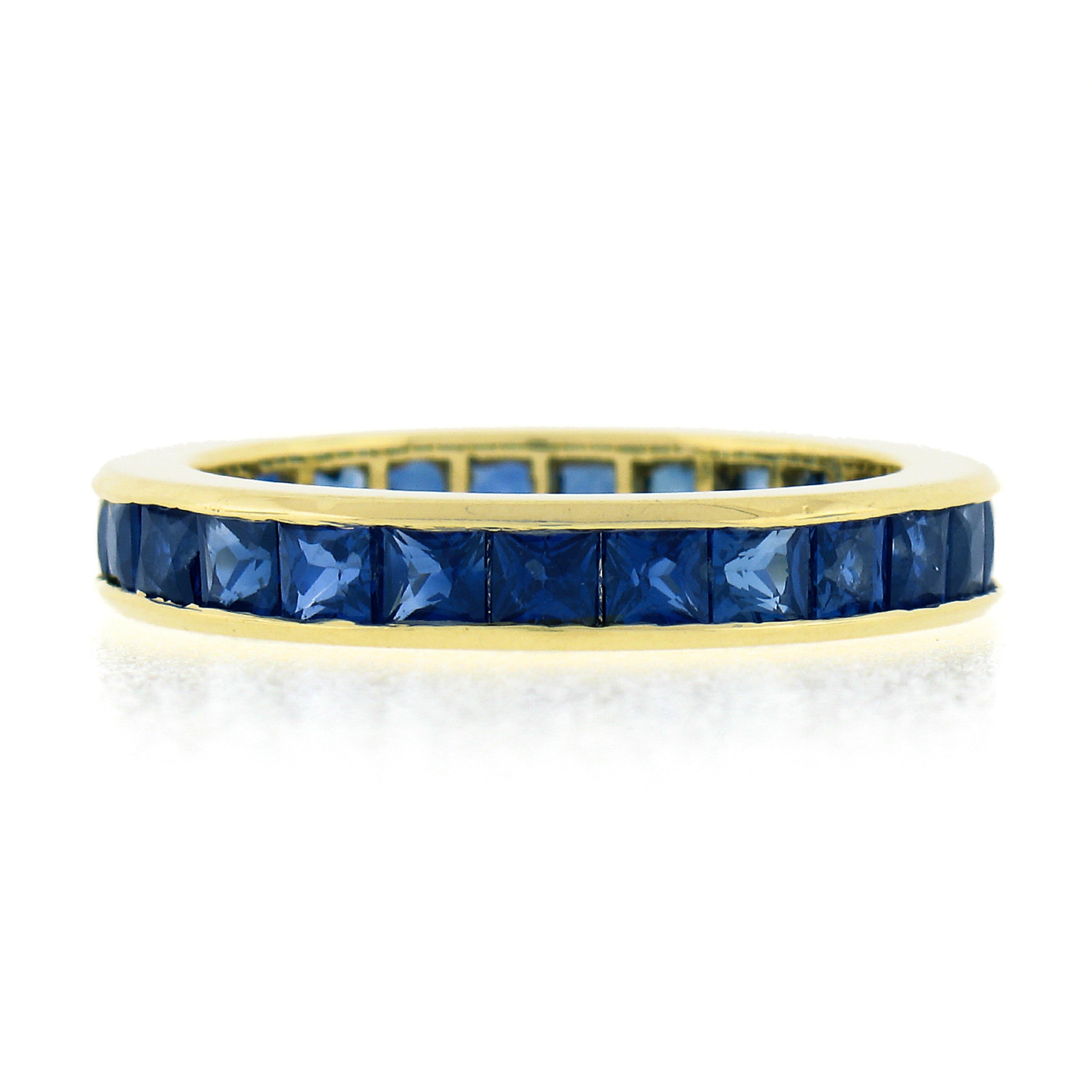 Vintage 18k Gold 3ctw GIA French Square Cut Sapphire Channel Eternity Band Ring For Sale 1