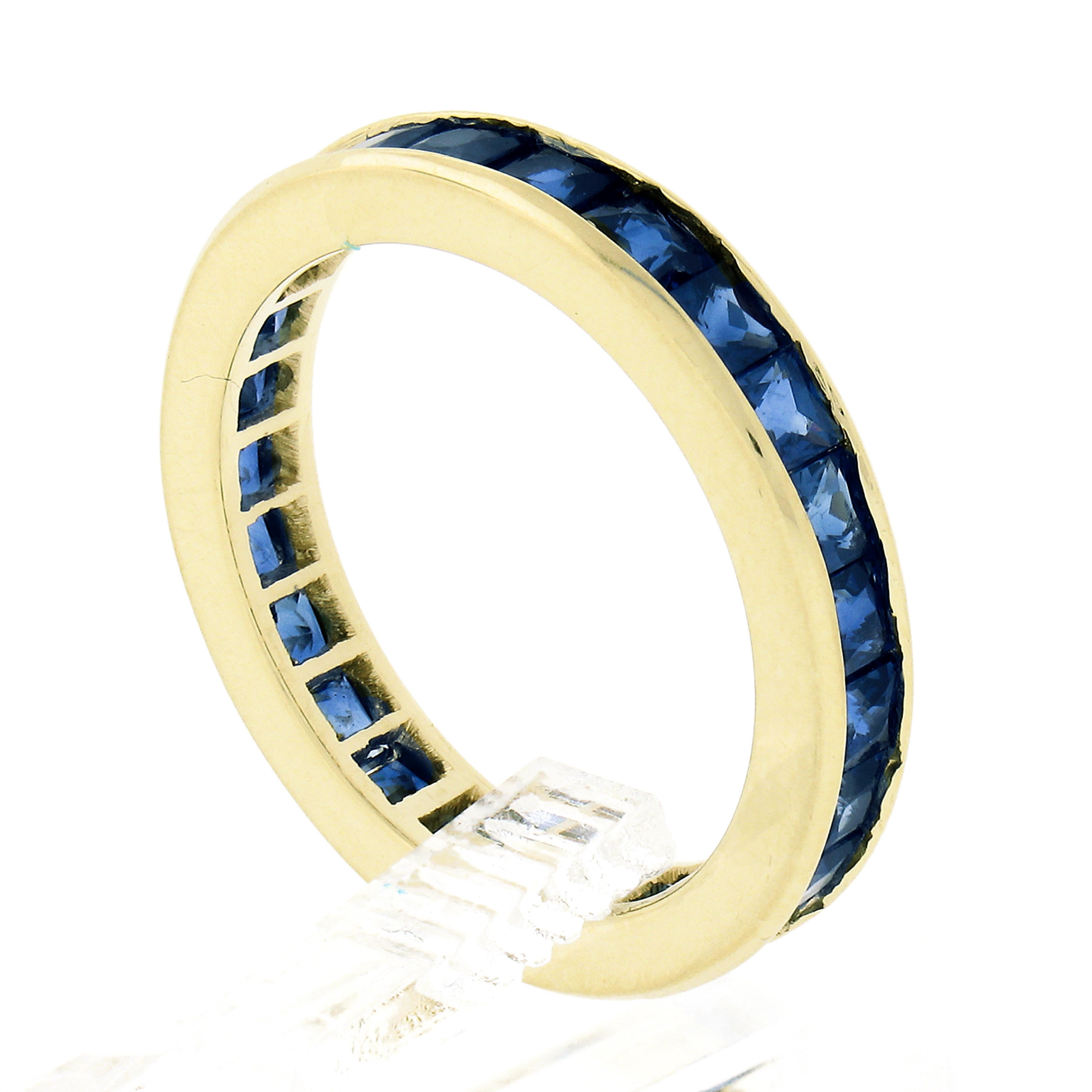 Vintage 18k Gold 3ctw GIA French Square Cut Sapphire Channel Eternity Band Ring For Sale 4