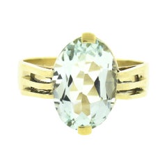 Vintage 18k Gold 4.35ct Oval Aquamarine Solitaire Cocktail Ring w/ Ribbed Sides