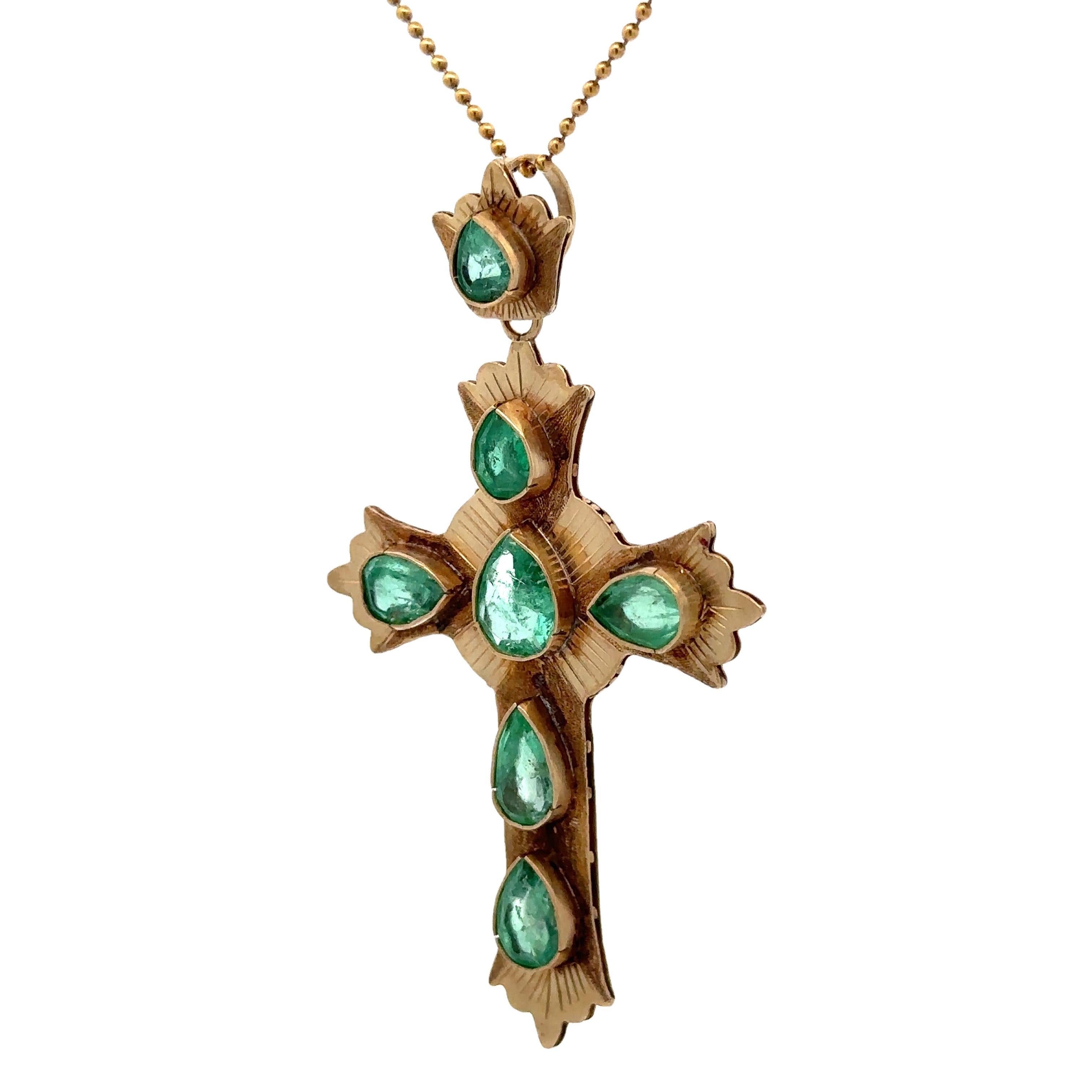 Vintage 18k Gold 4.5ctw Pear Cut Emerald Large Cross Pendant 19