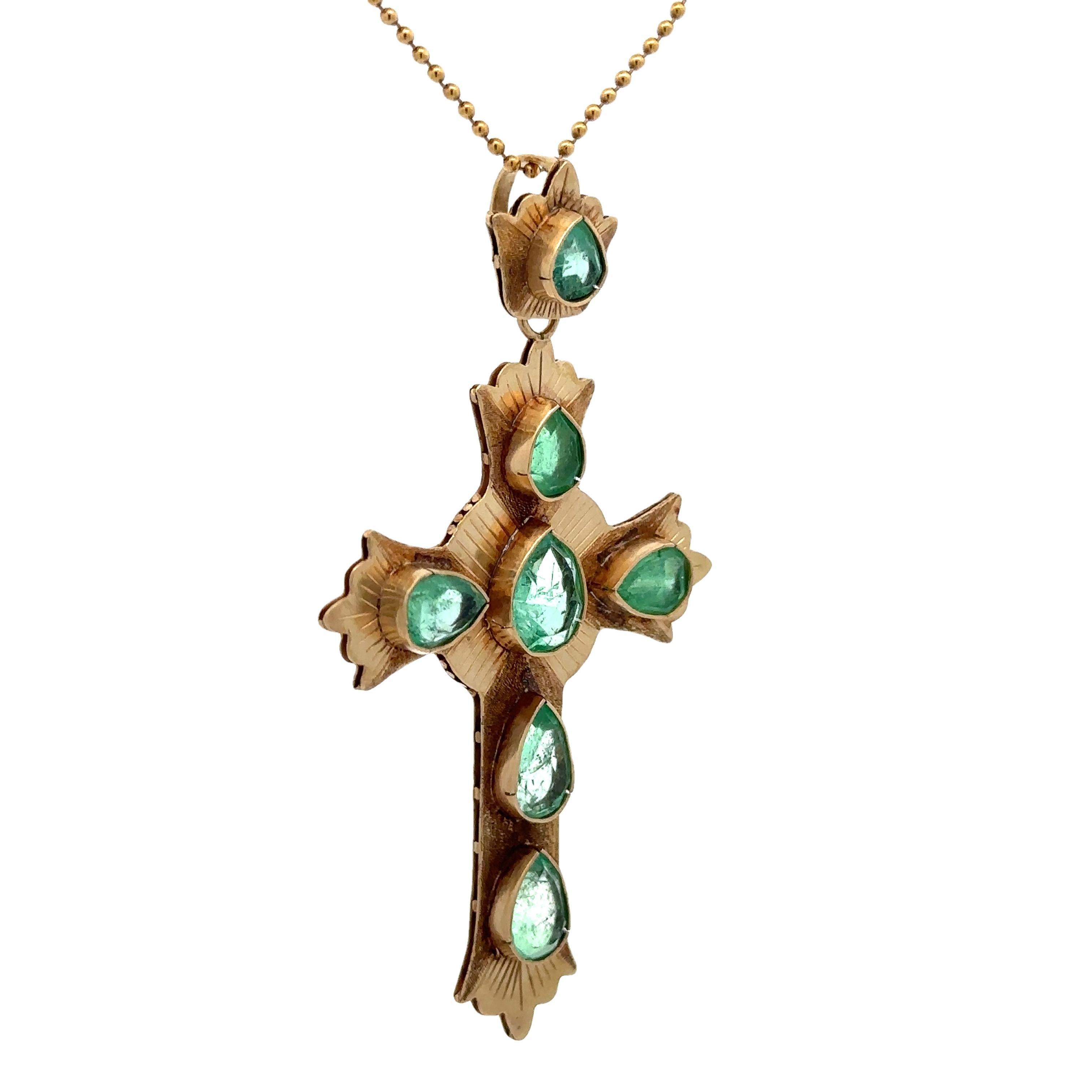 Women's Vintage 18k Gold 4.5ctw Pear Cut Emerald Large Cross Pendant 19