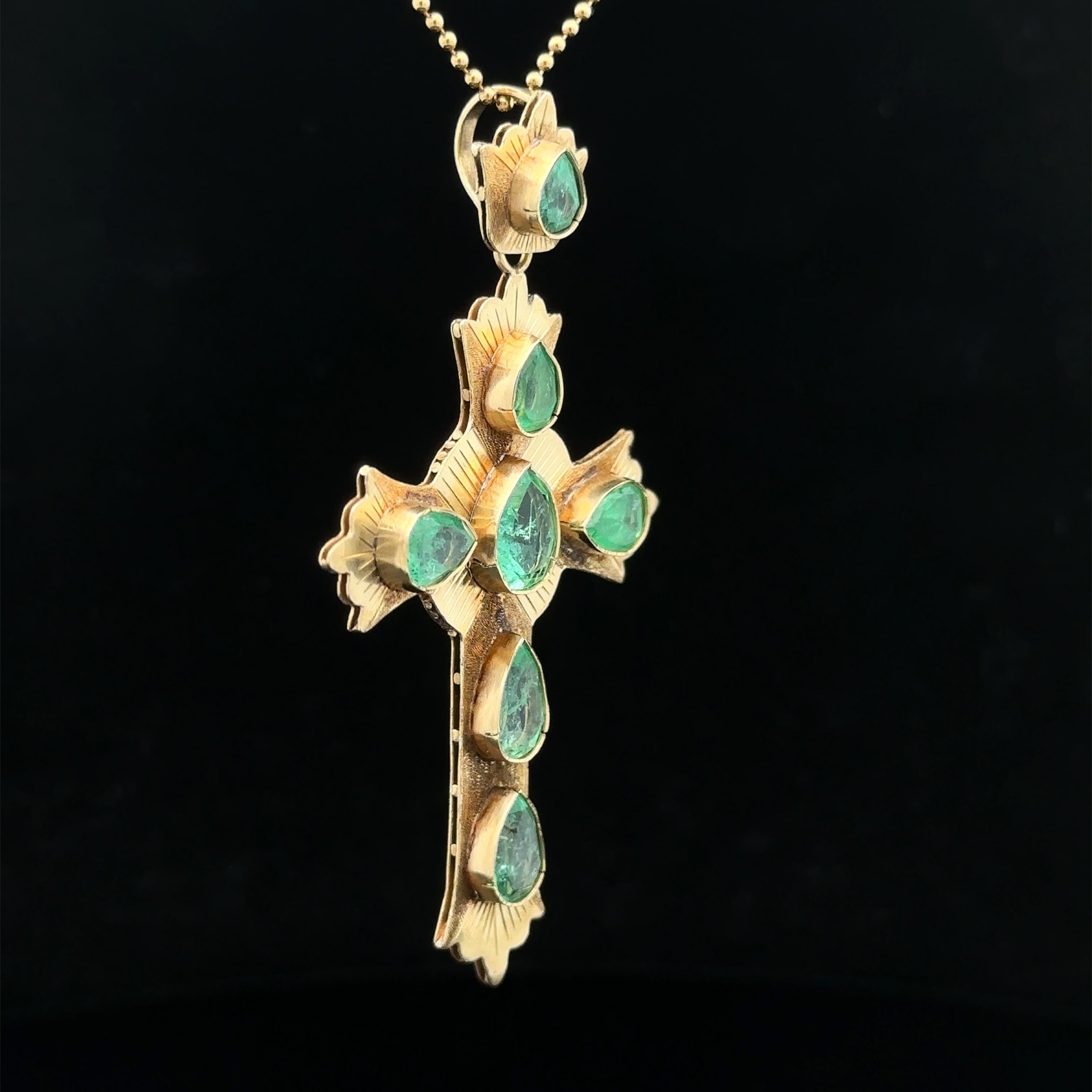 Vintage 18k Gold 4.5ctw Pear Cut Emerald Large Cross Pendant 19