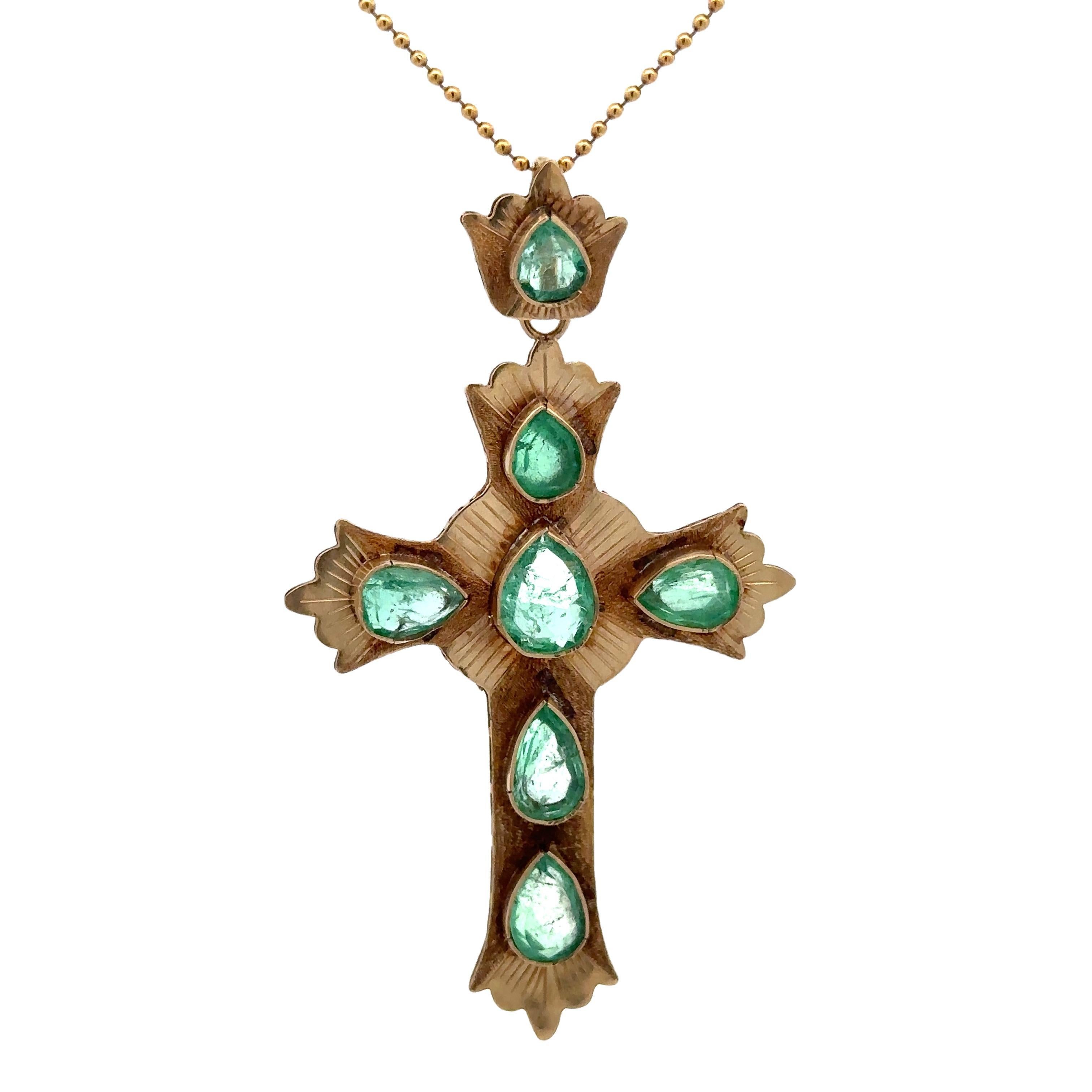 Vintage 18k Gold 4.5ctw Pear Cut Emerald Large Cross Pendant 19