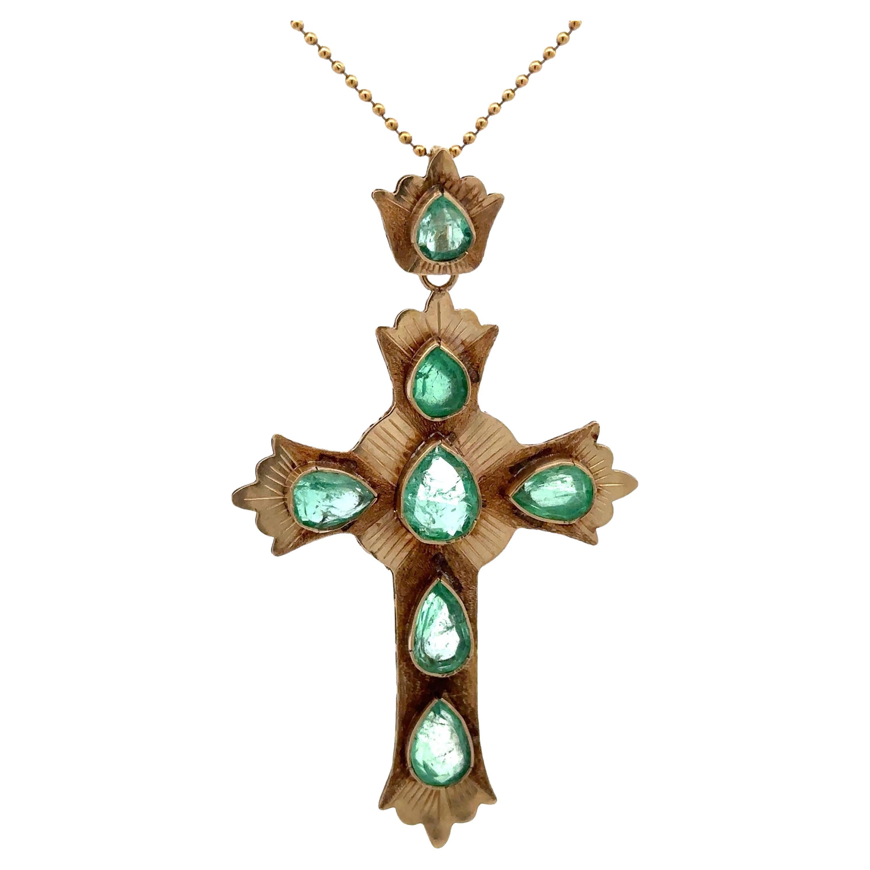 Vintage 18k Gold 4.5ctw Pear Cut Emerald Large Cross Pendant 19" Bead Necklace