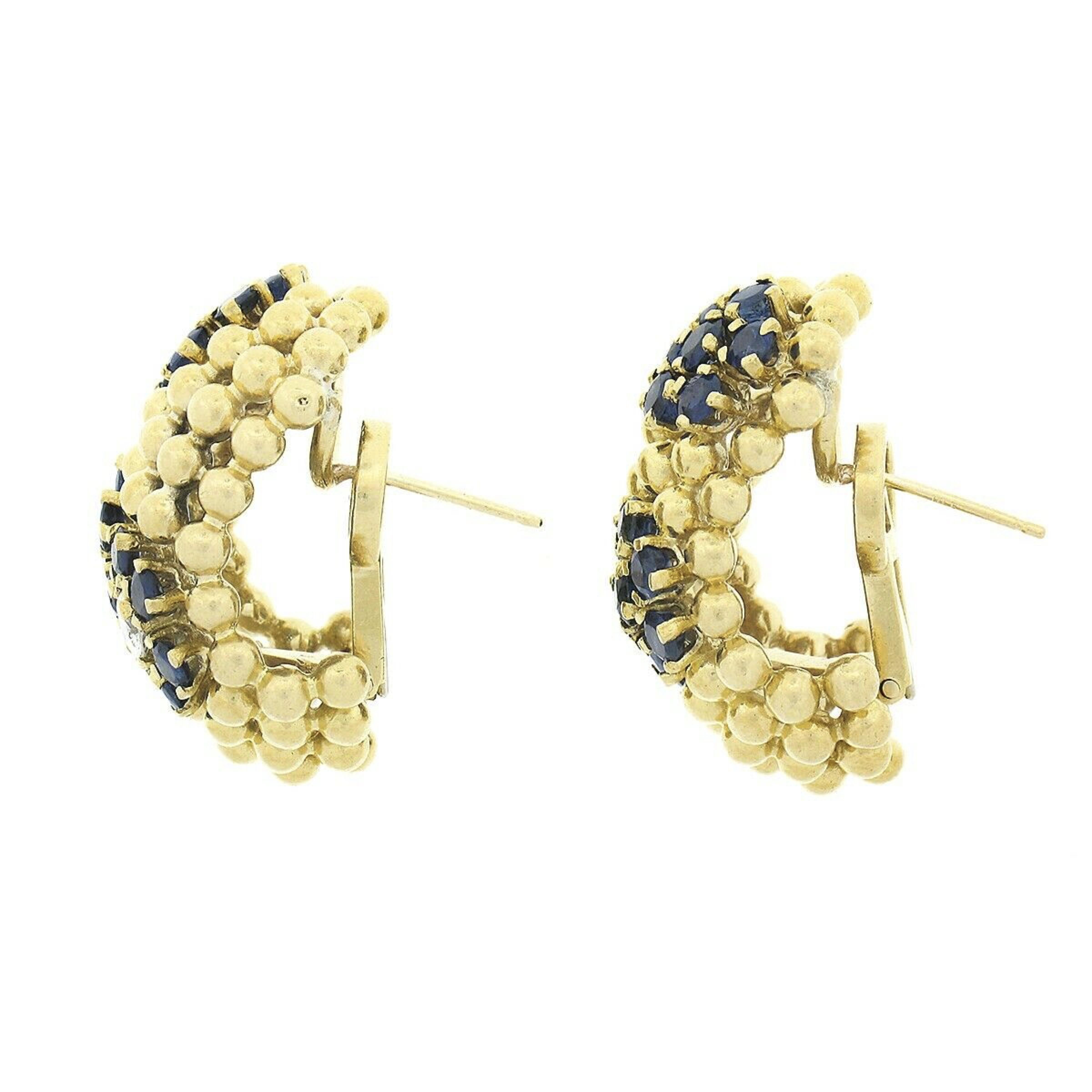 Round Cut Vintage 18k Gold 4.67ctw Sapphire & Diamond Flower 7 Row Bead Wide Cuff Earrings For Sale