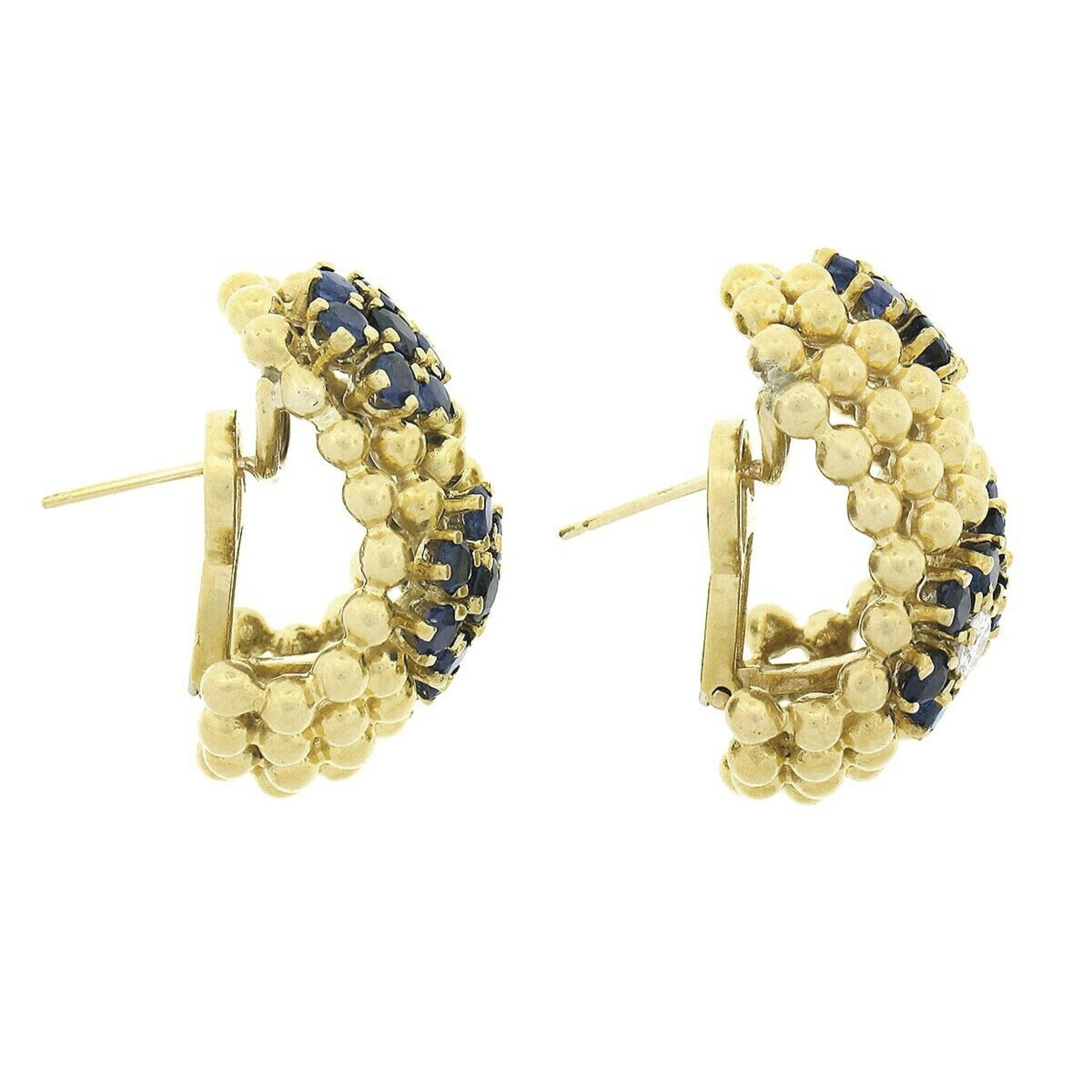Vintage 18k Gold 4.67ctw Sapphire & Diamond Flower 7 Row Bead Wide Cuff Earrings In Good Condition For Sale In Montclair, NJ