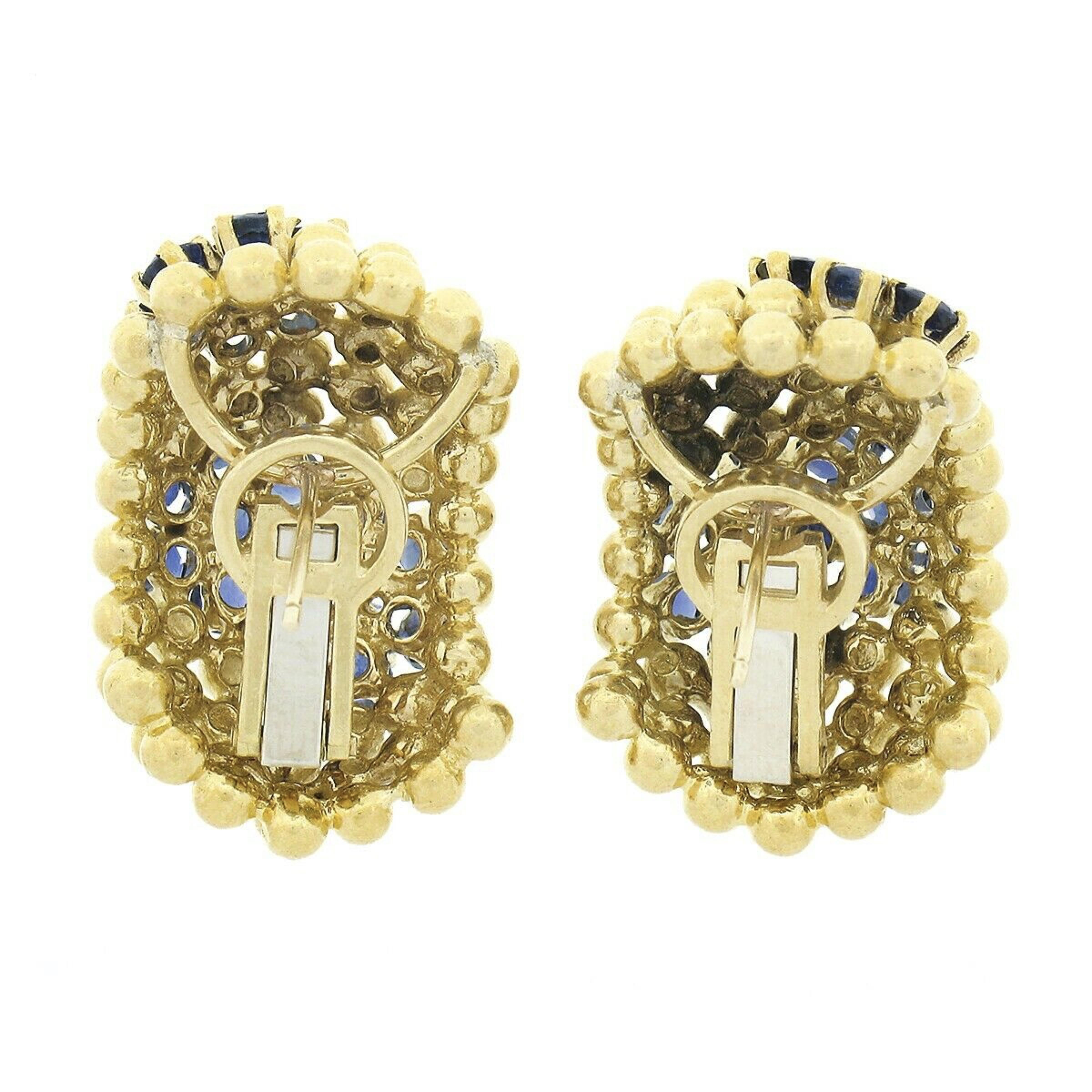Women's Vintage 18k Gold 4.67ctw Sapphire & Diamond Flower 7 Row Bead Wide Cuff Earrings For Sale