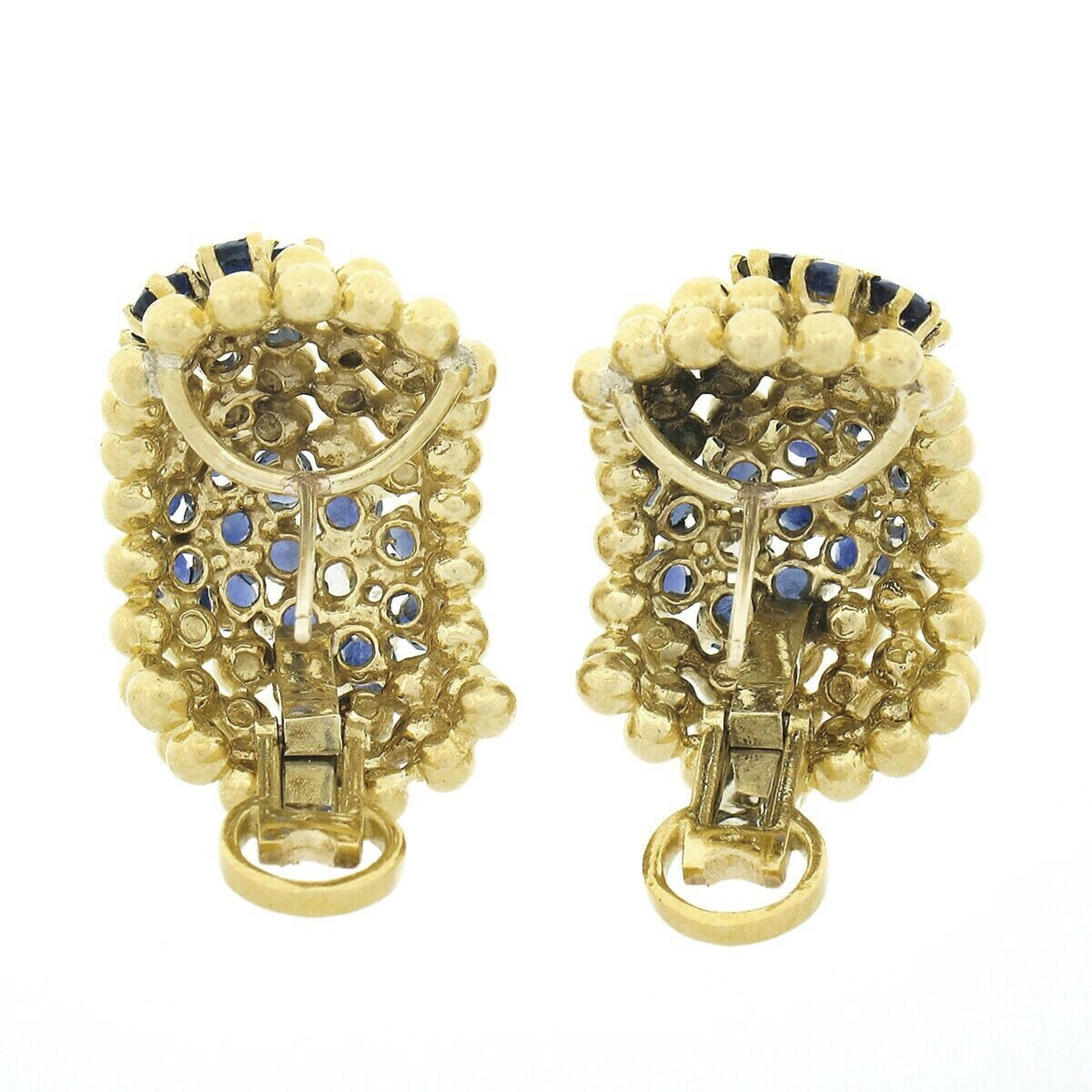 Vintage 18k Gold 4.67ctw Sapphire & Diamond Flower 7 Row Bead Wide Cuff Earrings For Sale 1