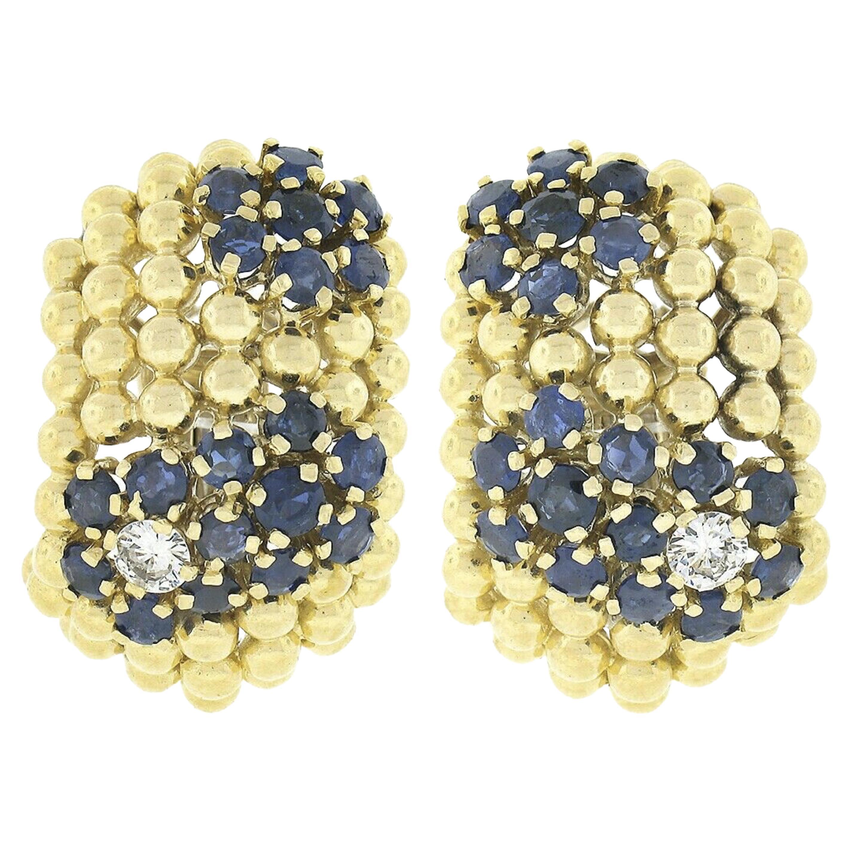 Vintage 18k Gold 4.67ctw Sapphire & Diamond Flower 7 Row Bead Wide Cuff Earrings For Sale