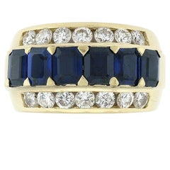 Vintage 18k Gold 4.79ctw Emerald Cut GIA Ho Heat Sapphire Diamond Wide Band Ring
