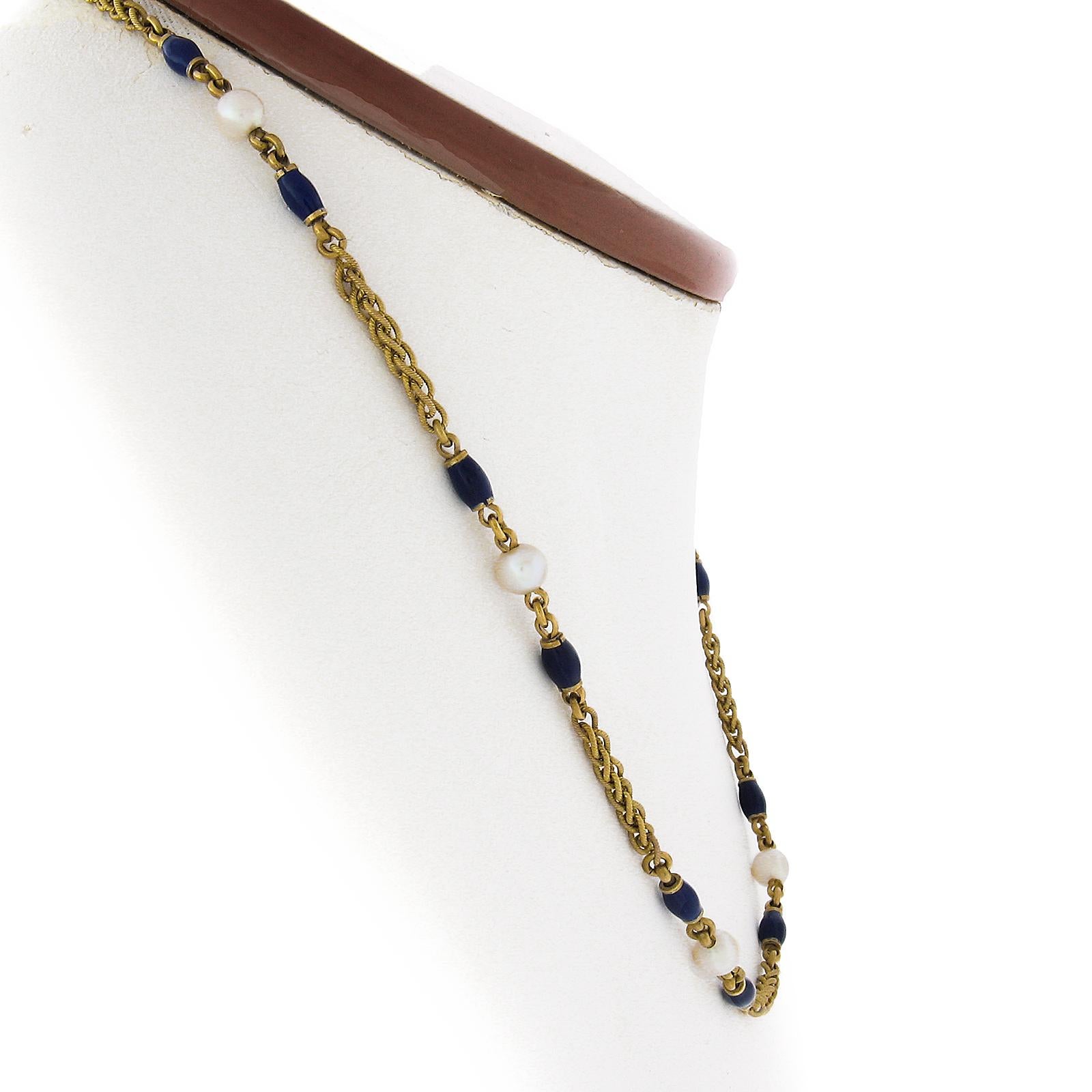 Round Cut Vintage 18k Gold 4.8mm Pearl & Blue Enamel Bead on Textured Wheat Chain Necklace For Sale
