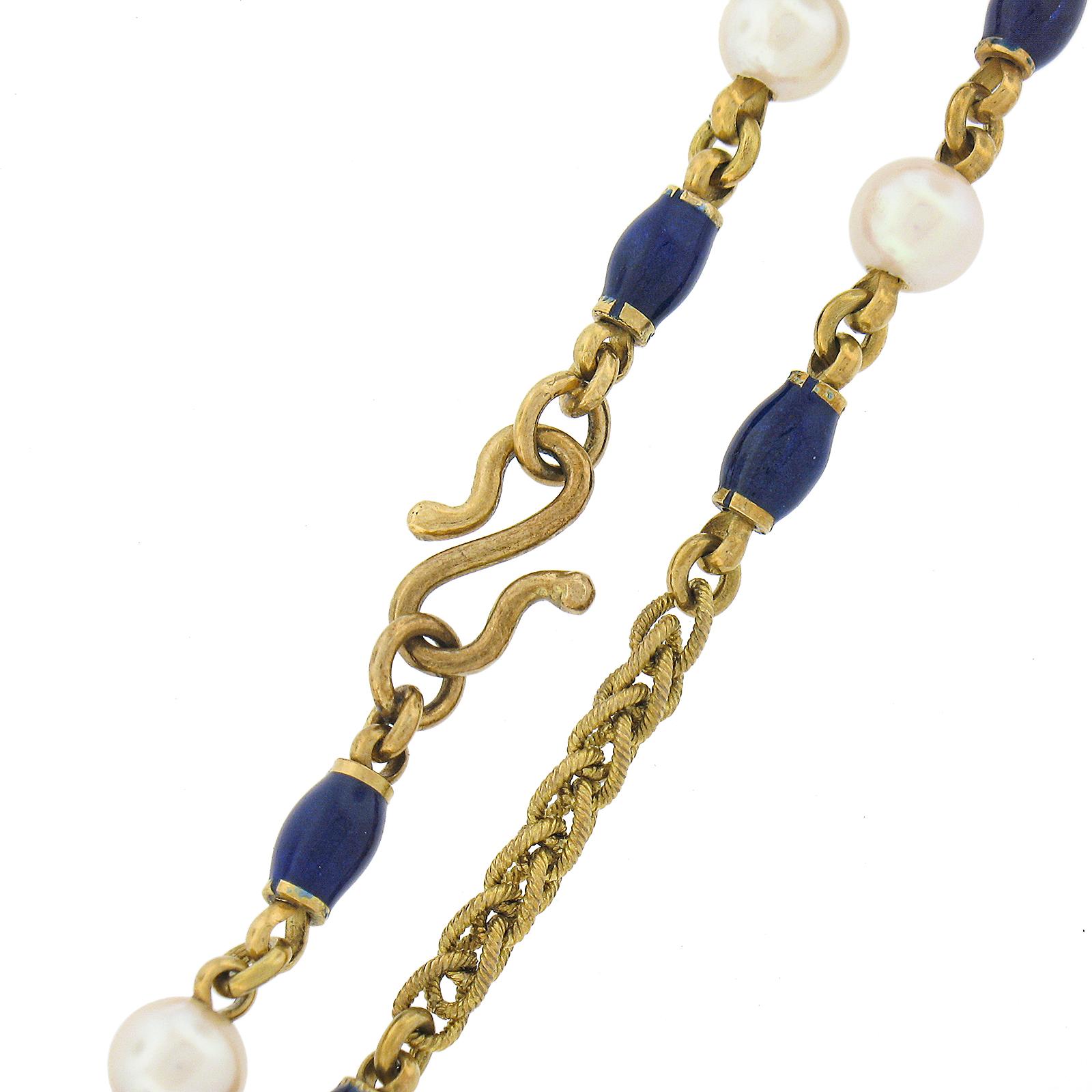 Women's Vintage 18k Gold 4.8mm Pearl & Blue Enamel Bead on Textured Wheat Chain Necklace For Sale