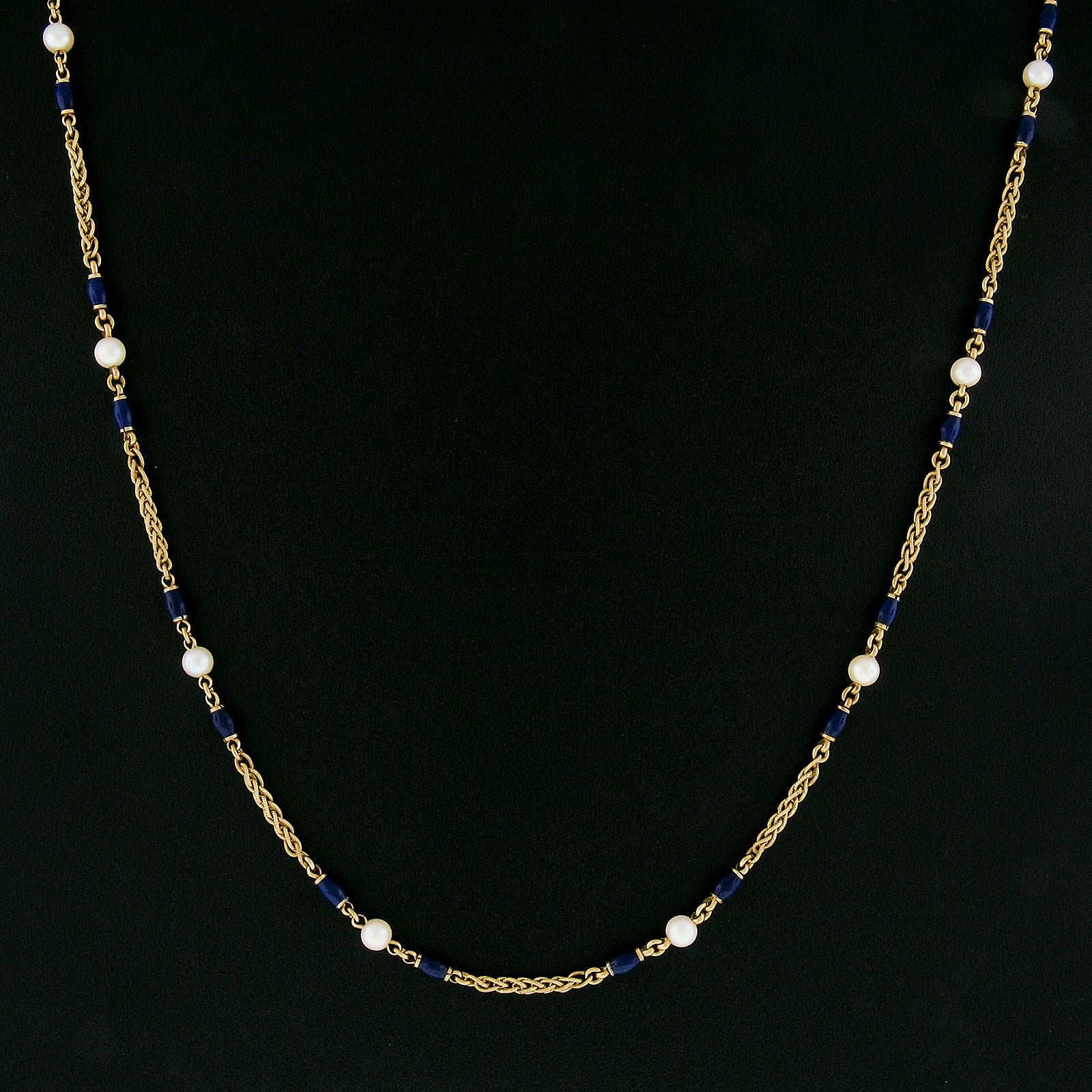 Vintage 18k Gold 4.8mm Pearl & Blue Enamel Bead on Textured Wheat Chain Necklace For Sale 1
