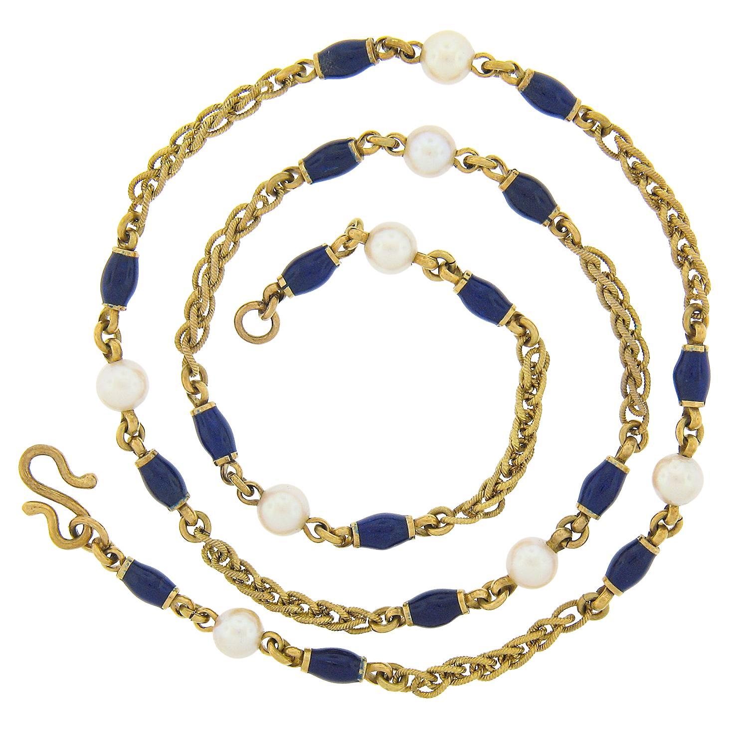 Vintage 18k Gold 4.8mm Pearl & Blue Enamel Bead on Textured Wheat Chain Necklace For Sale