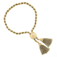 Vintage 18k Gold Rope Link Chain & Large Slide Ball Tassel Dangle Bracelet