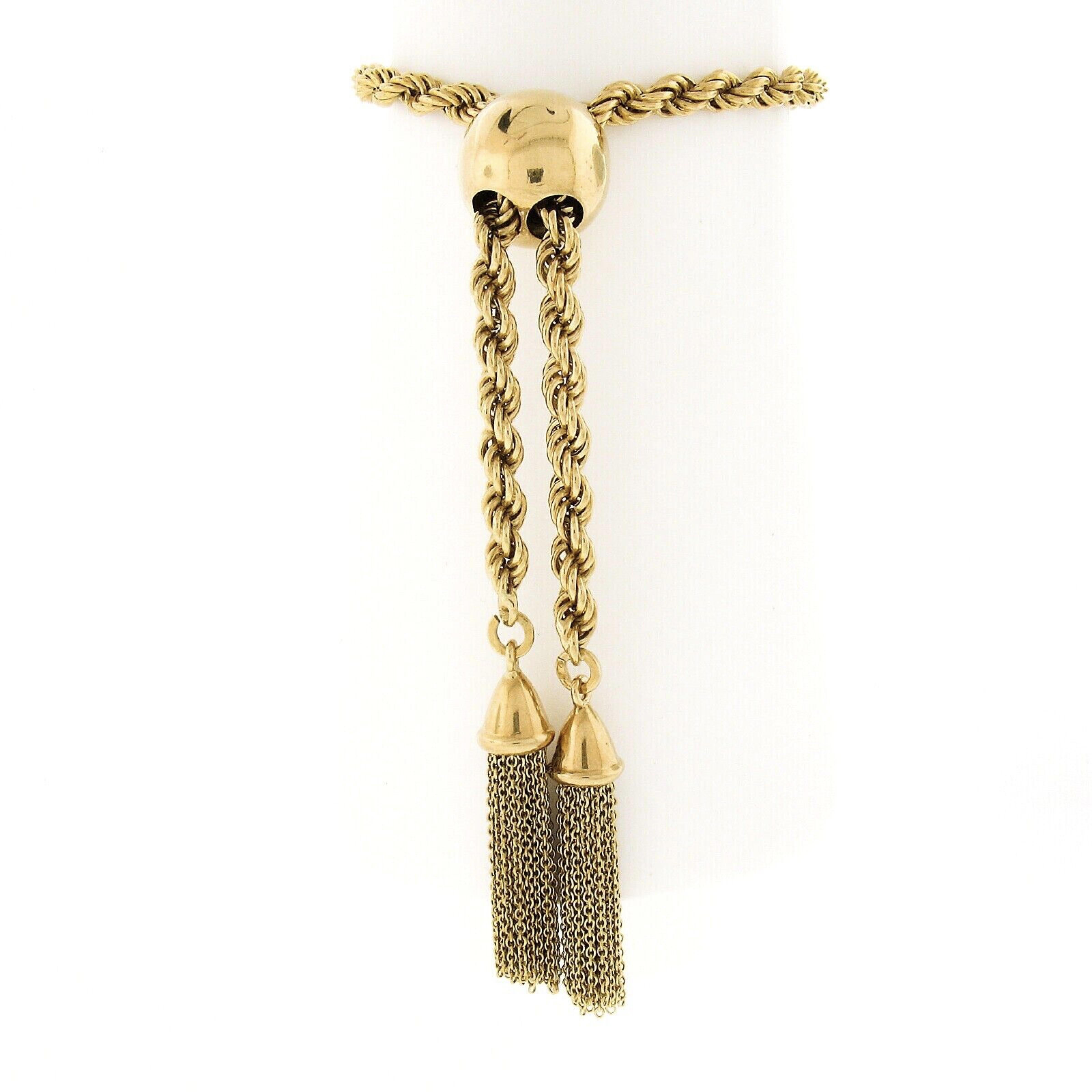 Vintage 18k Gold Rope Link Chain & Large Slide Ball Tassel Dangle Bracelet In Good Condition In Montclair, NJ
