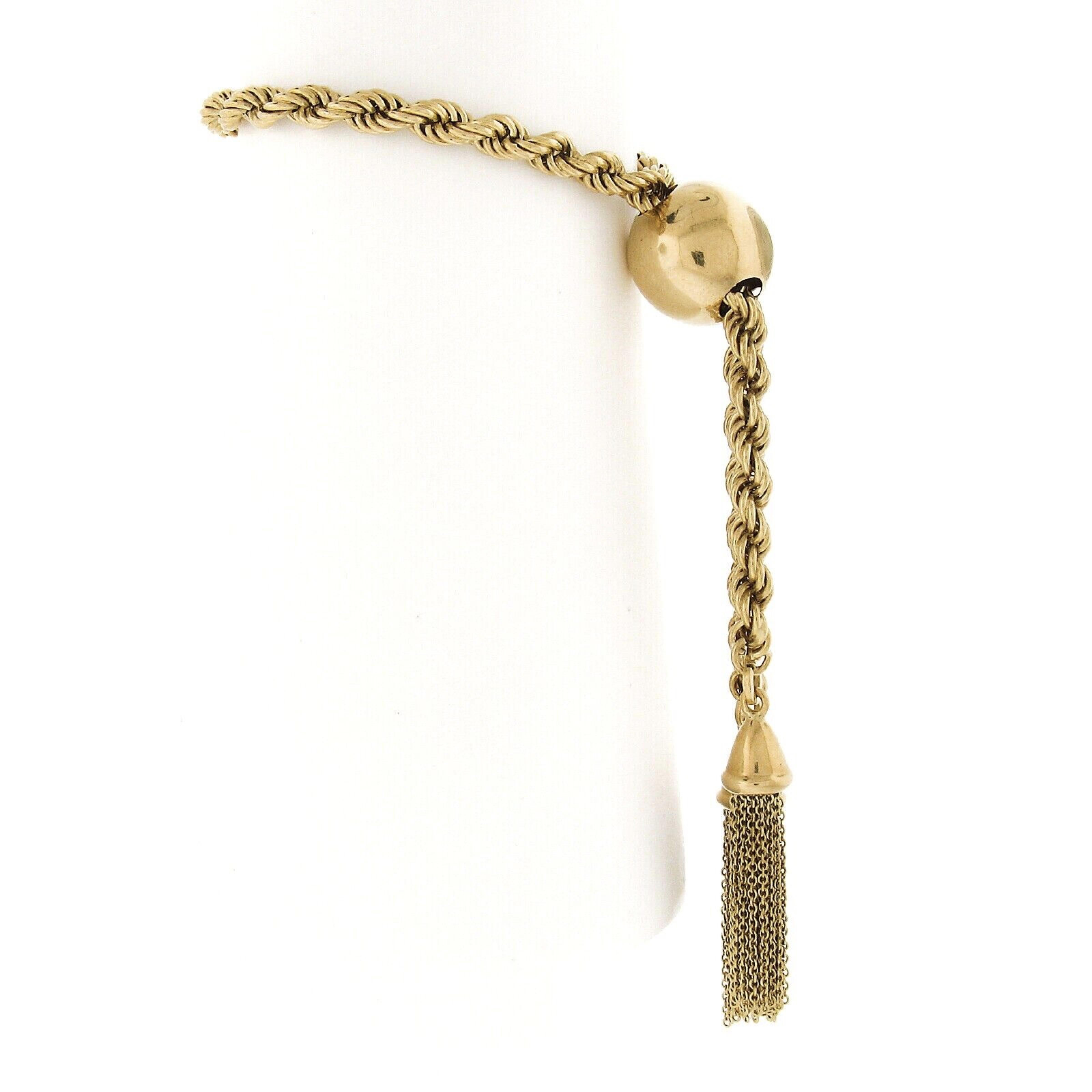 Women's Vintage 18k Gold Rope Link Chain & Large Slide Ball Tassel Dangle Bracelet