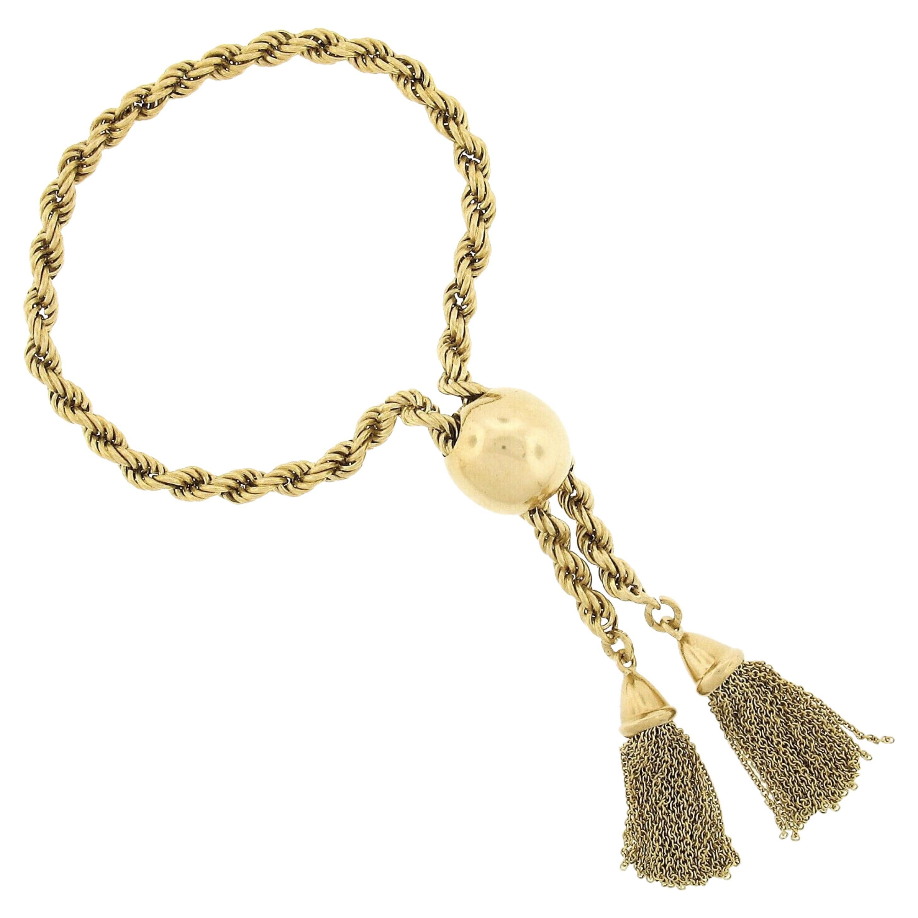 Vintage 18k Gold Rope Link Chain & Large Slide Ball Tassel Dangle Bracelet
