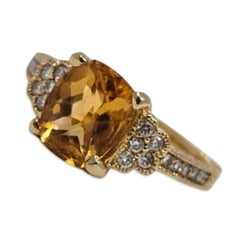 Vintage 18K Gold 5.40ctw Citrine & Diamond Cushion Cocktail Ring