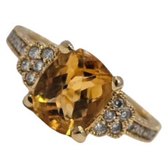 Vintage 18K Gold 5.40ctw Citrine & Diamond Cushion Cocktail Ring