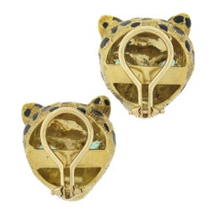 Vintage 18k Gold .56ct Emerald Diamond w/ Black Enamel Panther Clip On Earrings