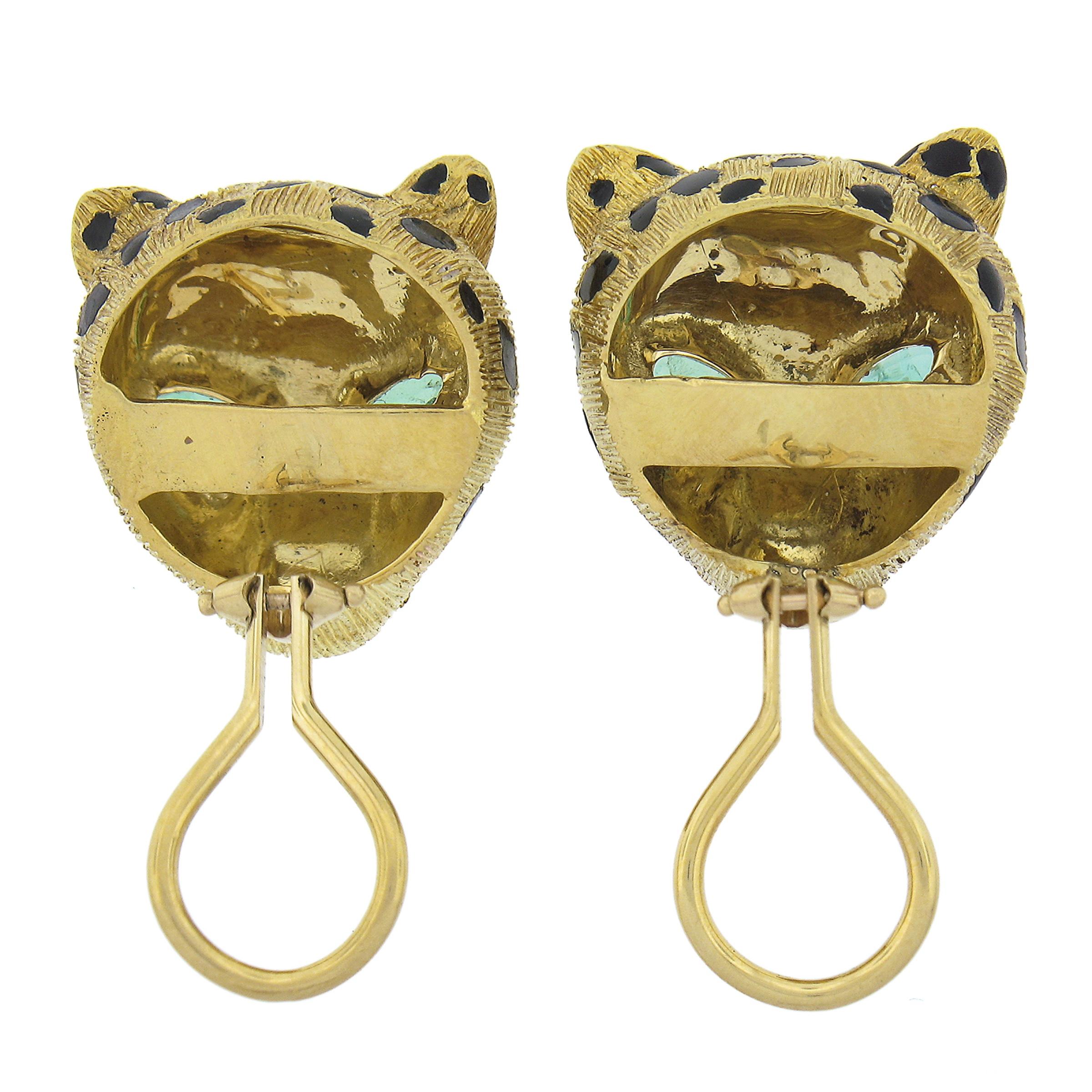 Marquise Cut Vintage 18k Gold .56ct Emerald Diamond w/ Black Enamel Panther Clip On Earrings For Sale