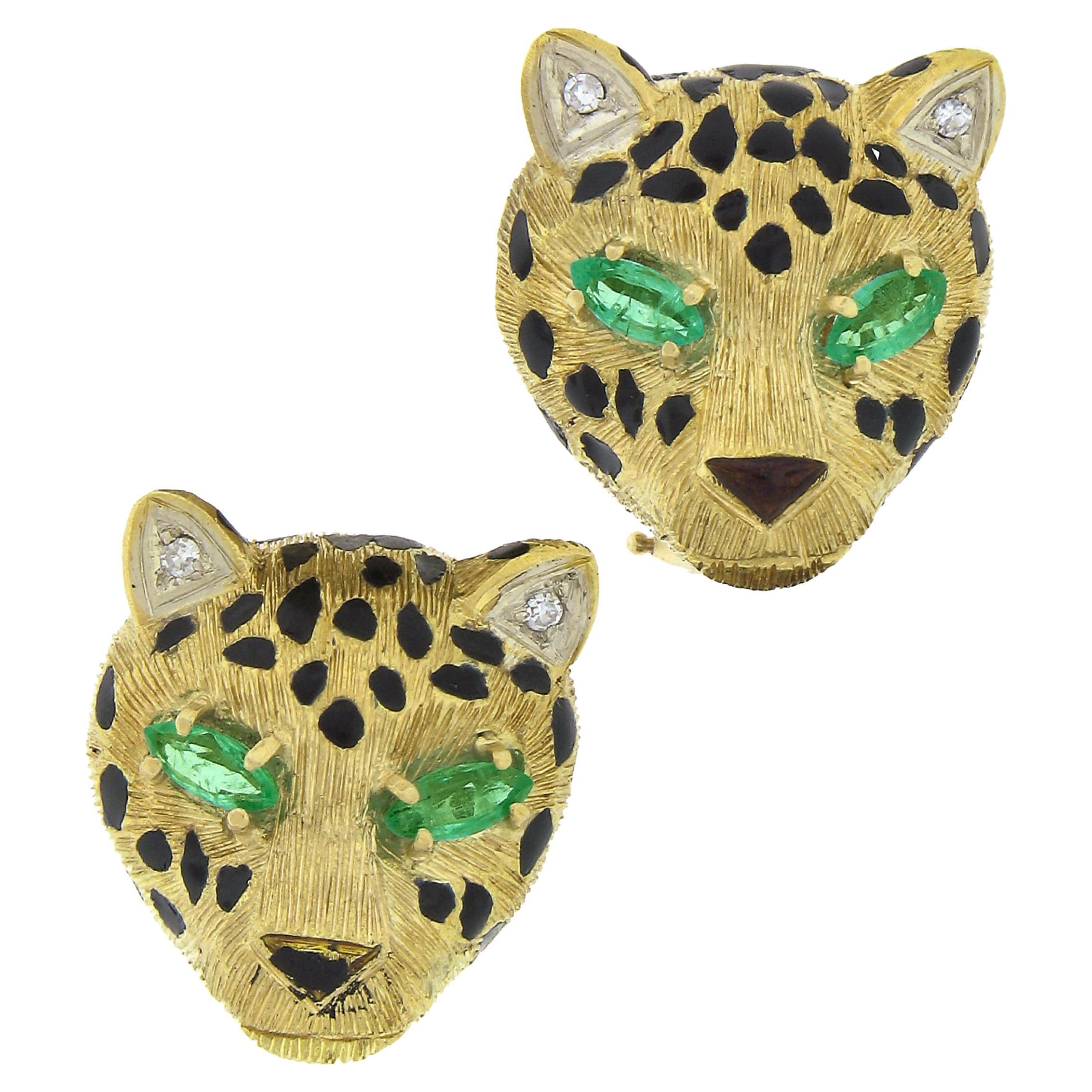 Vintage 18k Gold .56ct Emerald Diamond w/ Black Enamel Panther Clip On Earrings For Sale